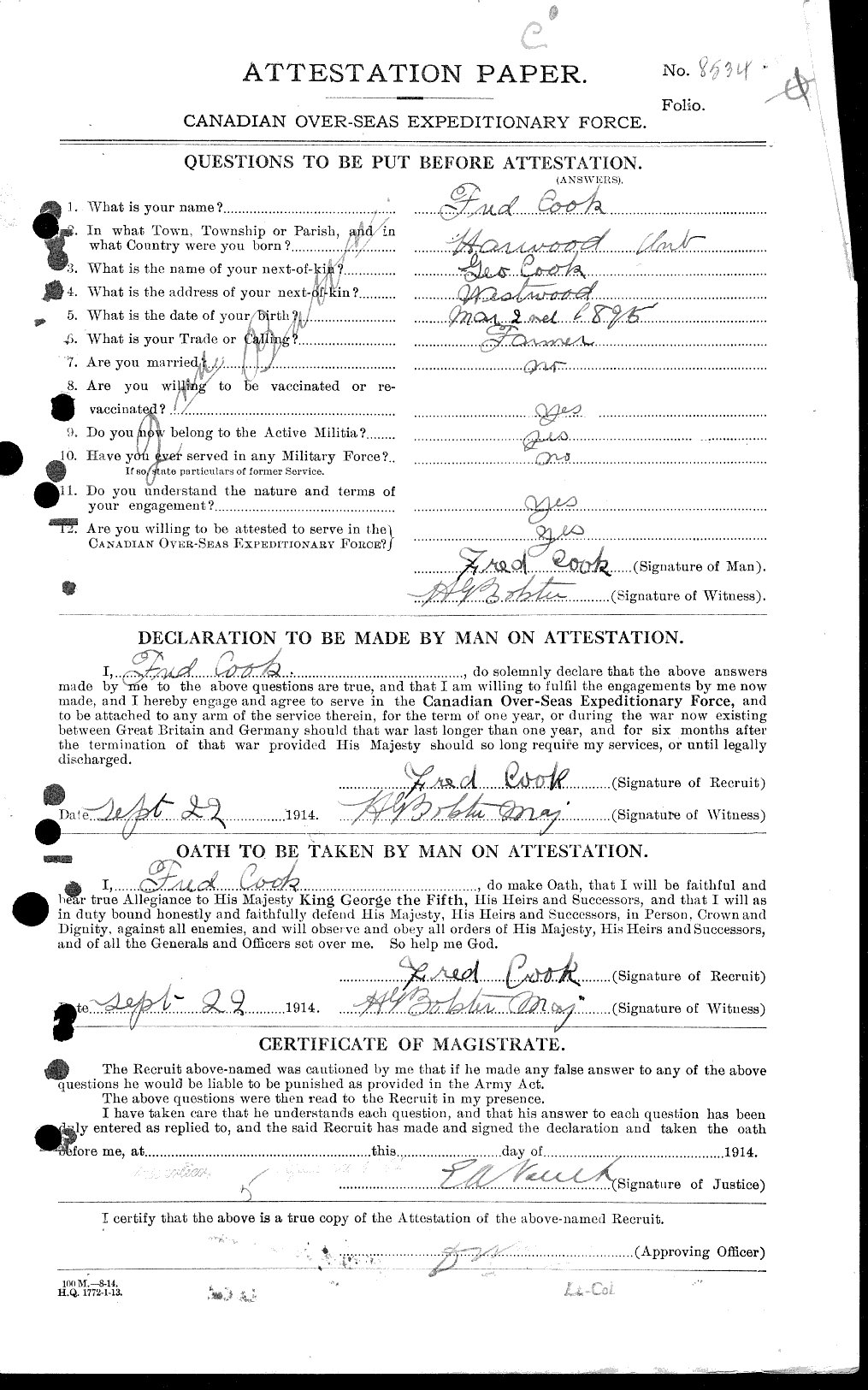 Dossiers du Personnel de la Première Guerre mondiale - CEC 041317a