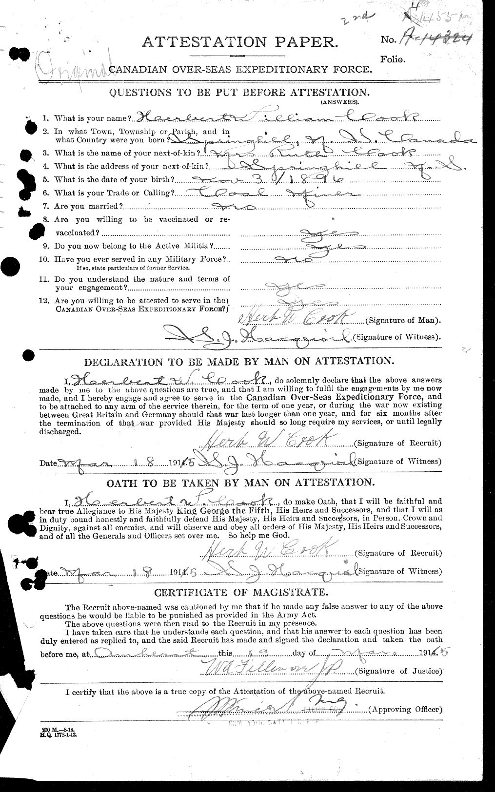 Dossiers du Personnel de la Première Guerre mondiale - CEC 041487a