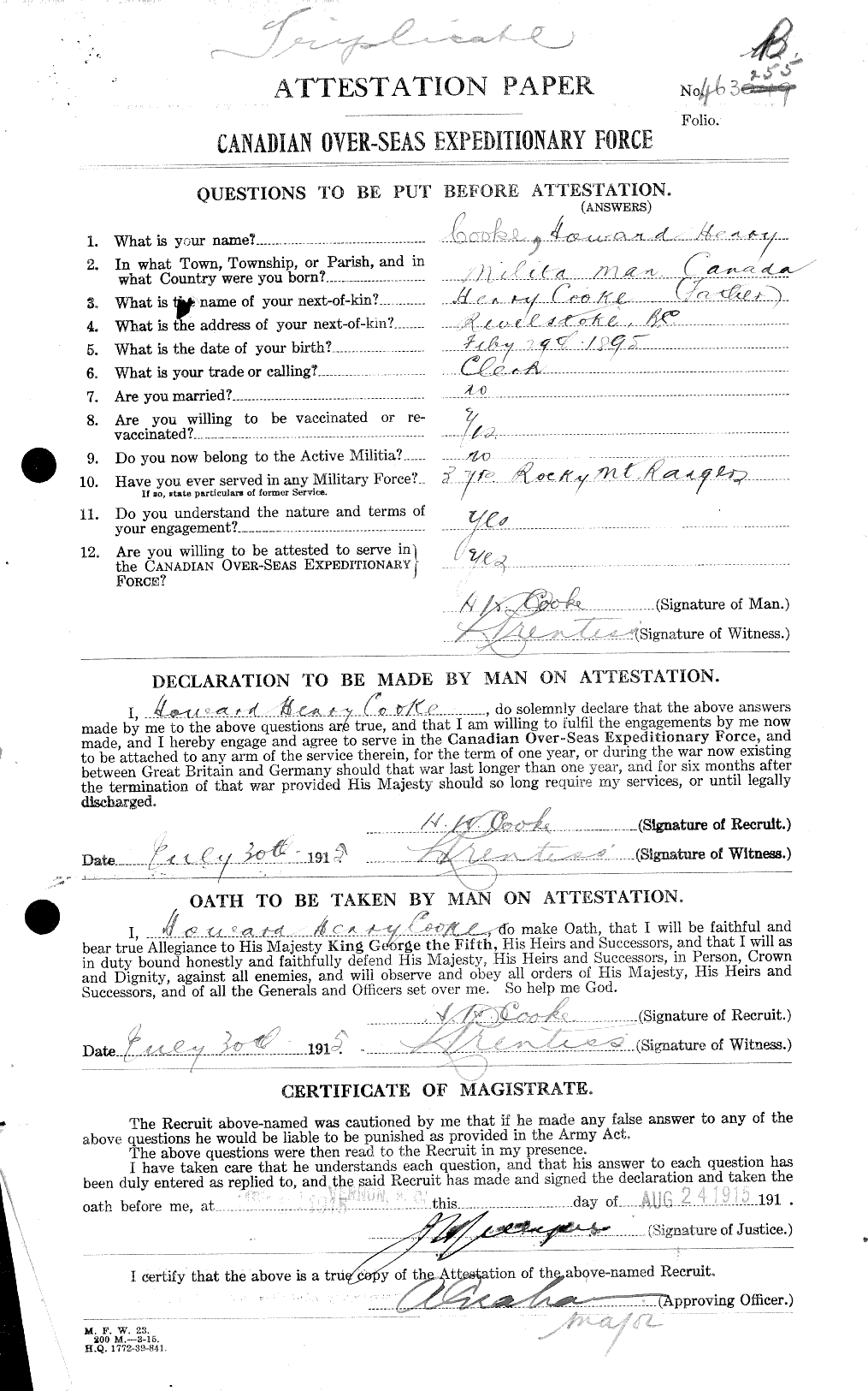 Dossiers du Personnel de la Première Guerre mondiale - CEC 041493a