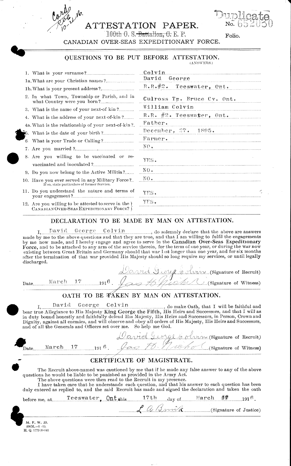 Dossiers du Personnel de la Première Guerre mondiale - CEC 042510a