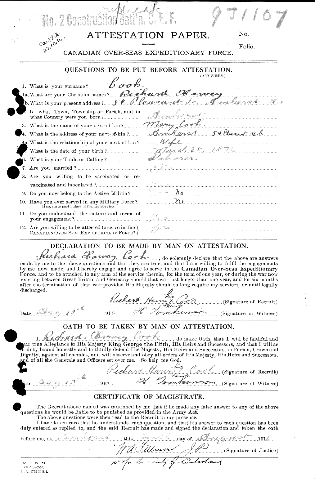 Dossiers du Personnel de la Première Guerre mondiale - CEC 047241a