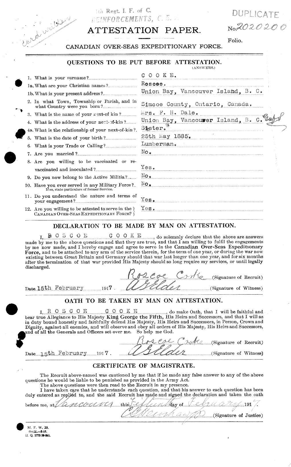 Dossiers du Personnel de la Première Guerre mondiale - CEC 048954a