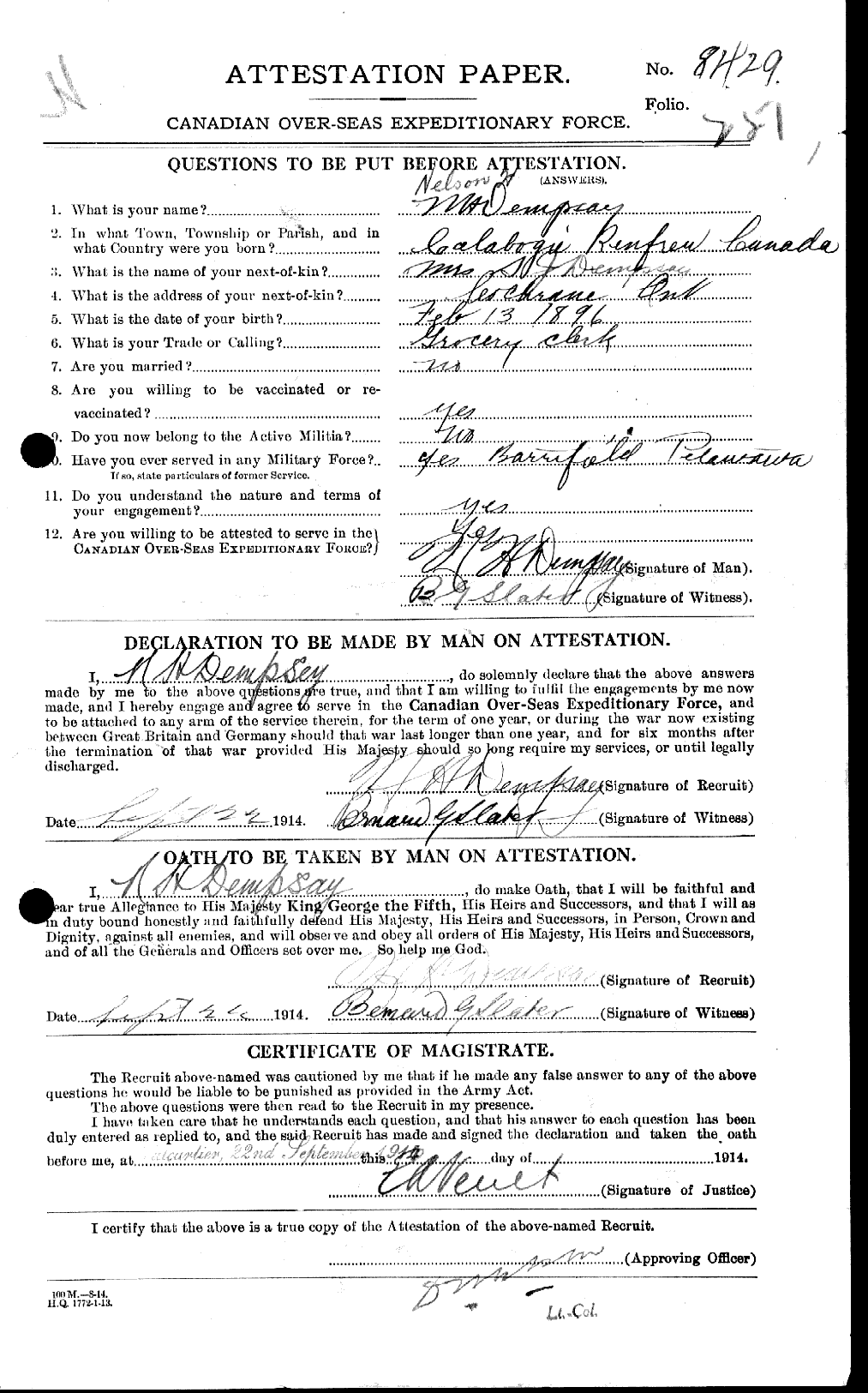 Dossiers du Personnel de la Première Guerre mondiale - CEC 051285a