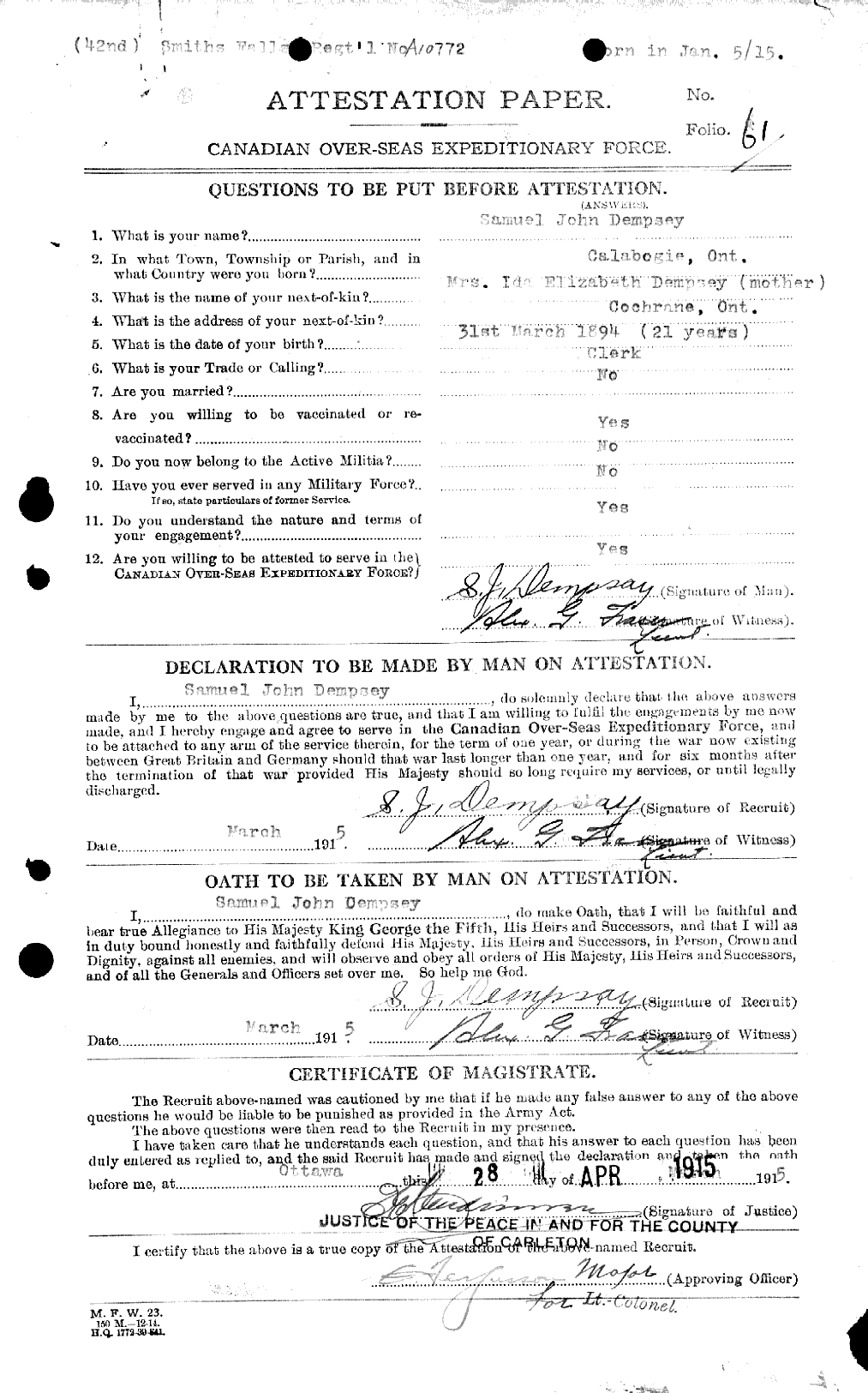 Dossiers du Personnel de la Première Guerre mondiale - CEC 051286a