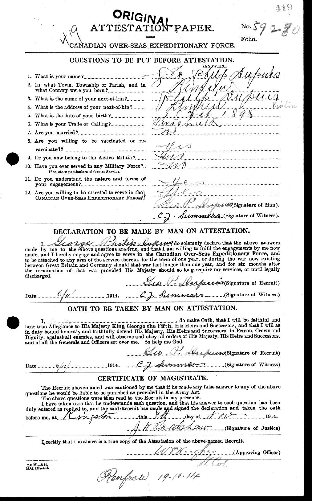 Dossiers du Personnel de la Première Guerre mondiale - CEC 051287a
