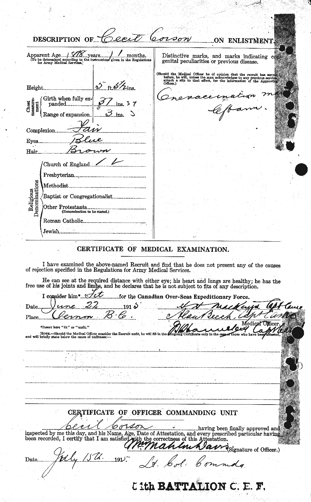 Dossiers du Personnel de la Première Guerre mondiale - CEC 054207b
