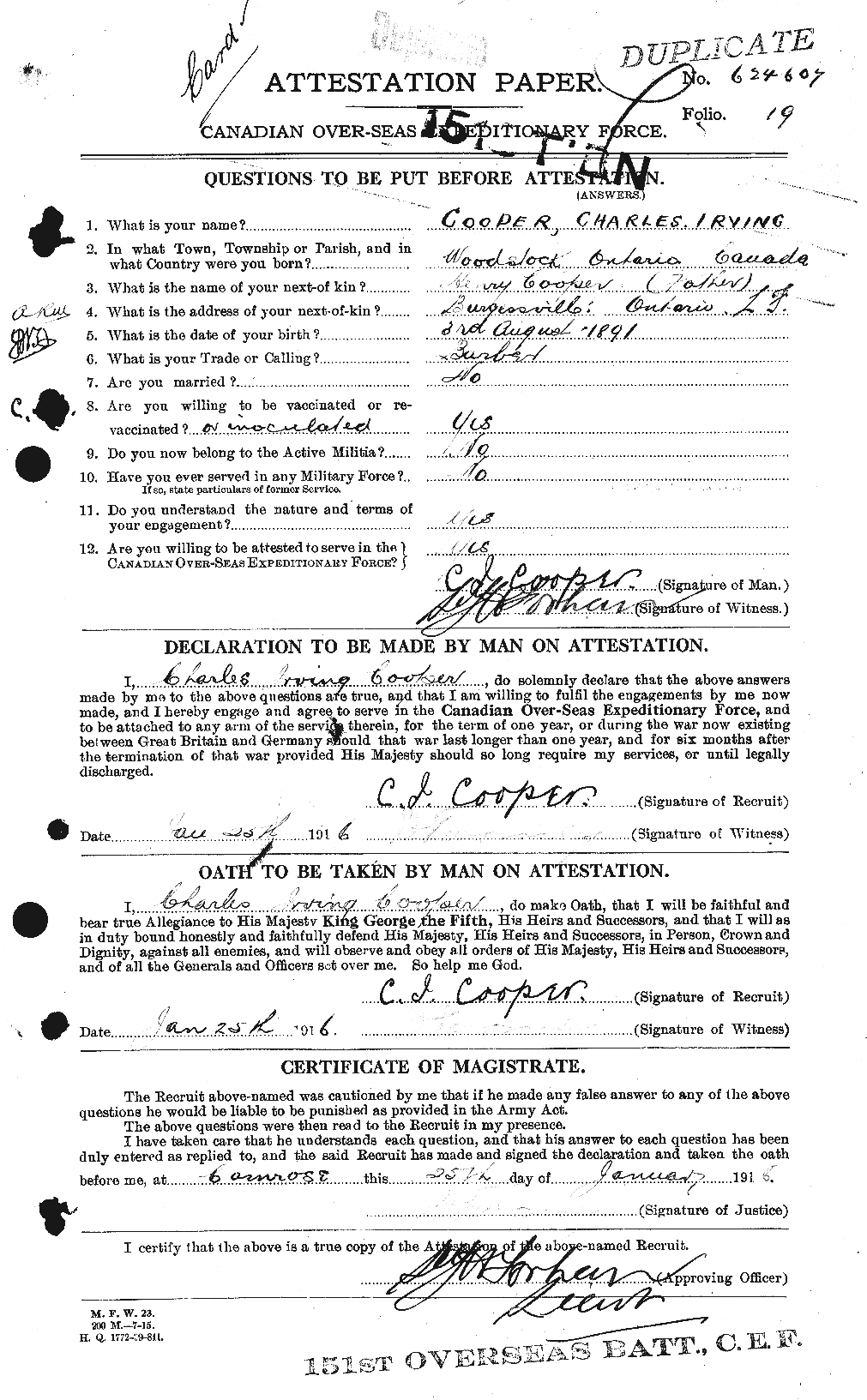 Dossiers du Personnel de la Première Guerre mondiale - CEC 054244a