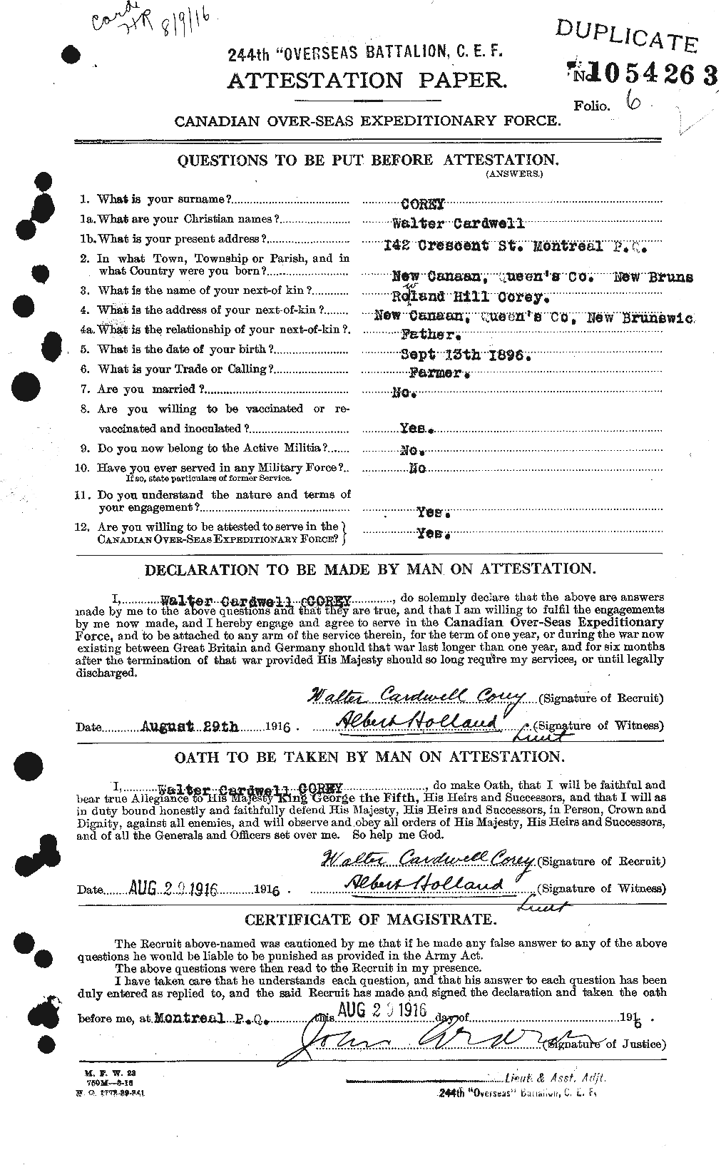 Dossiers du Personnel de la Première Guerre mondiale - CEC 054394a