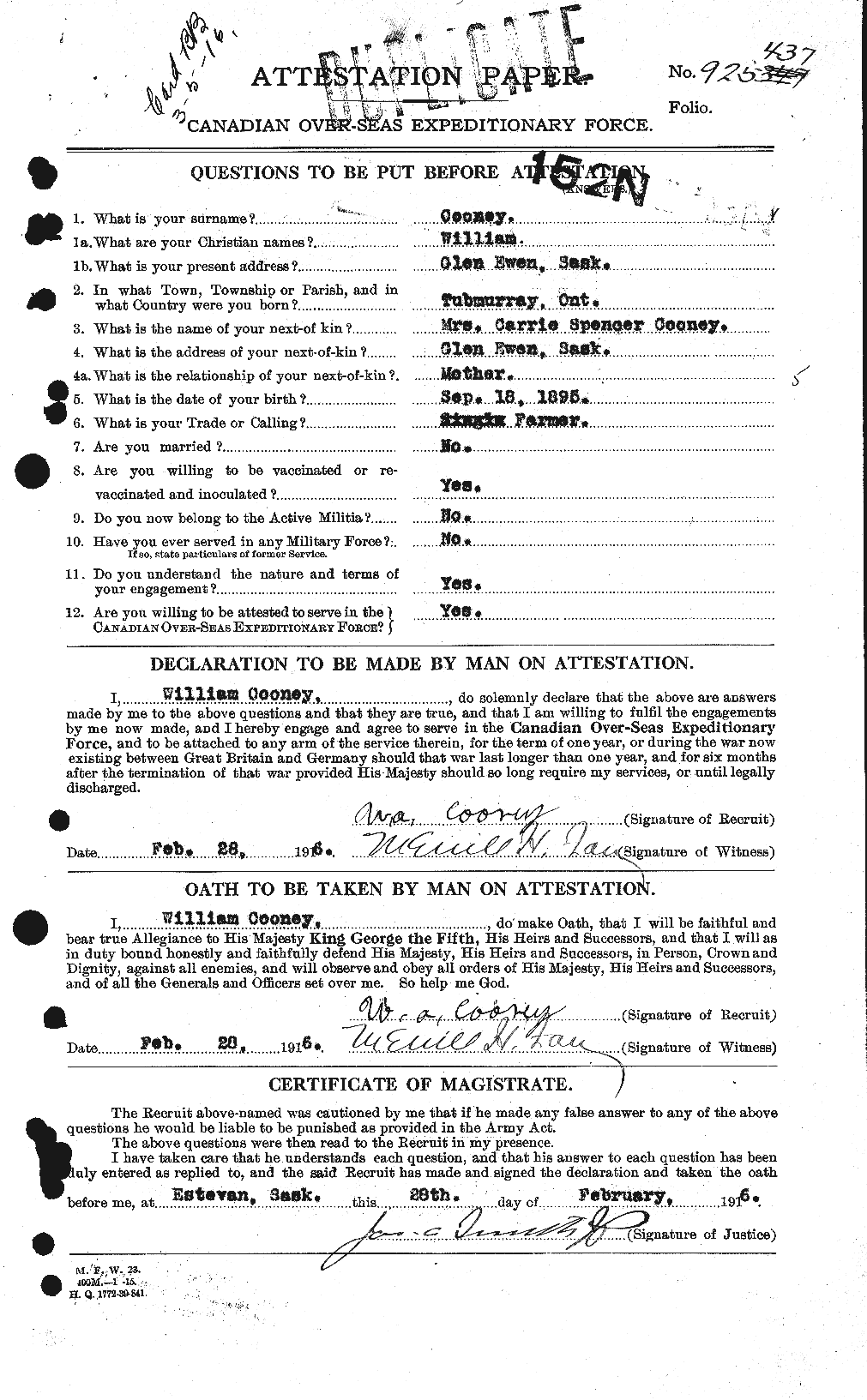 Dossiers du Personnel de la Première Guerre mondiale - CEC 054907a