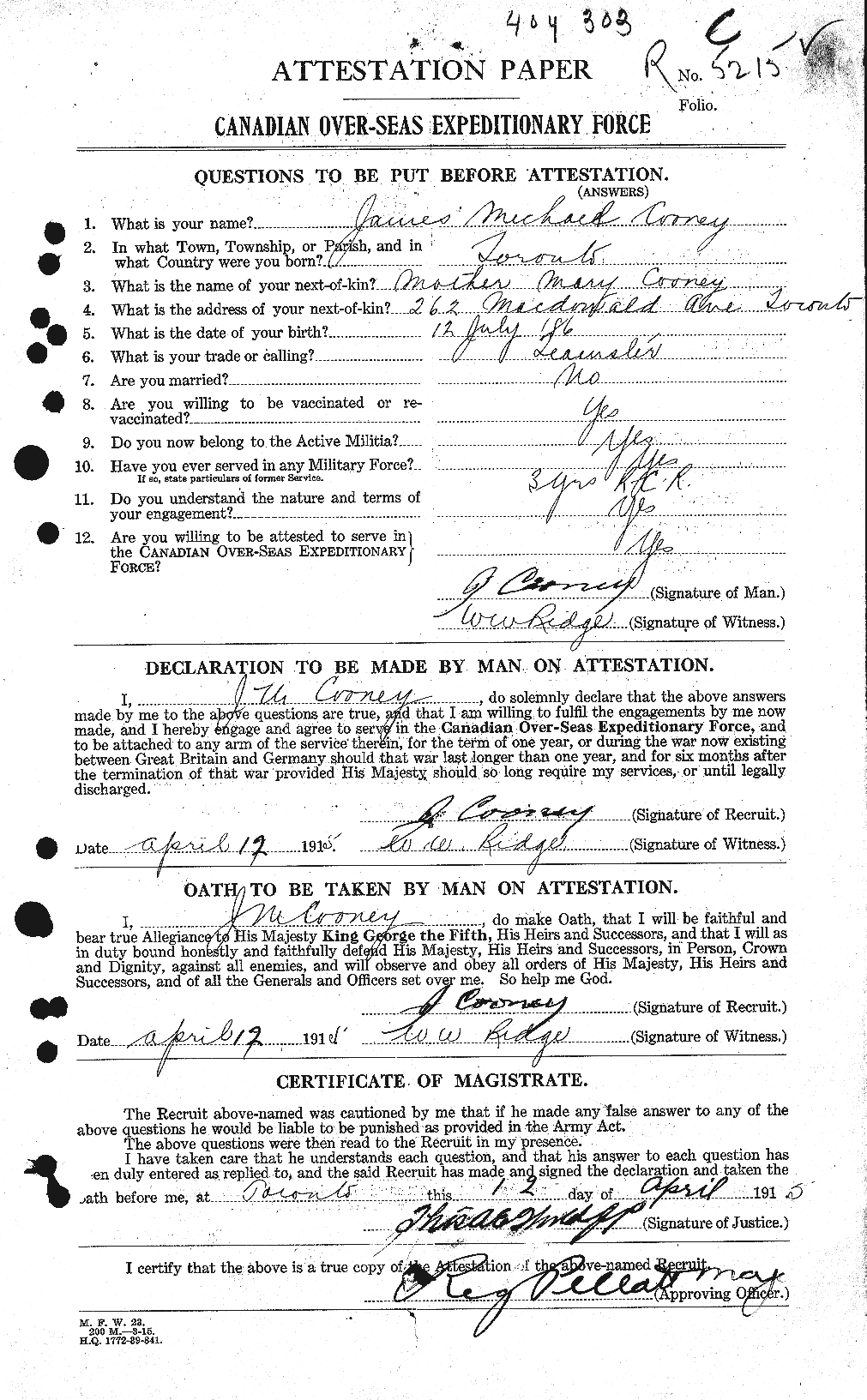 Dossiers du Personnel de la Première Guerre mondiale - CEC 055210a