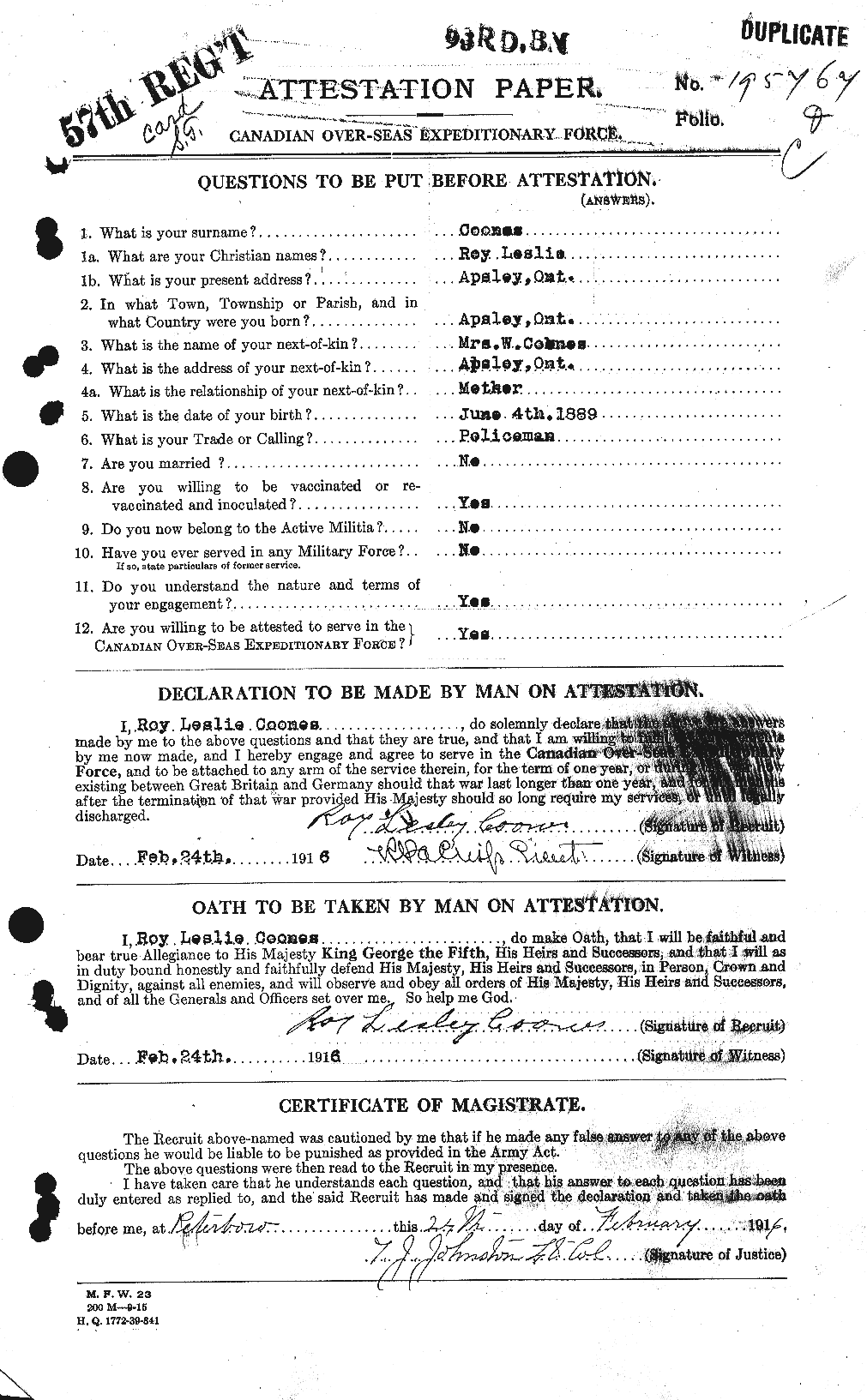 Dossiers du Personnel de la Première Guerre mondiale - CEC 055237a