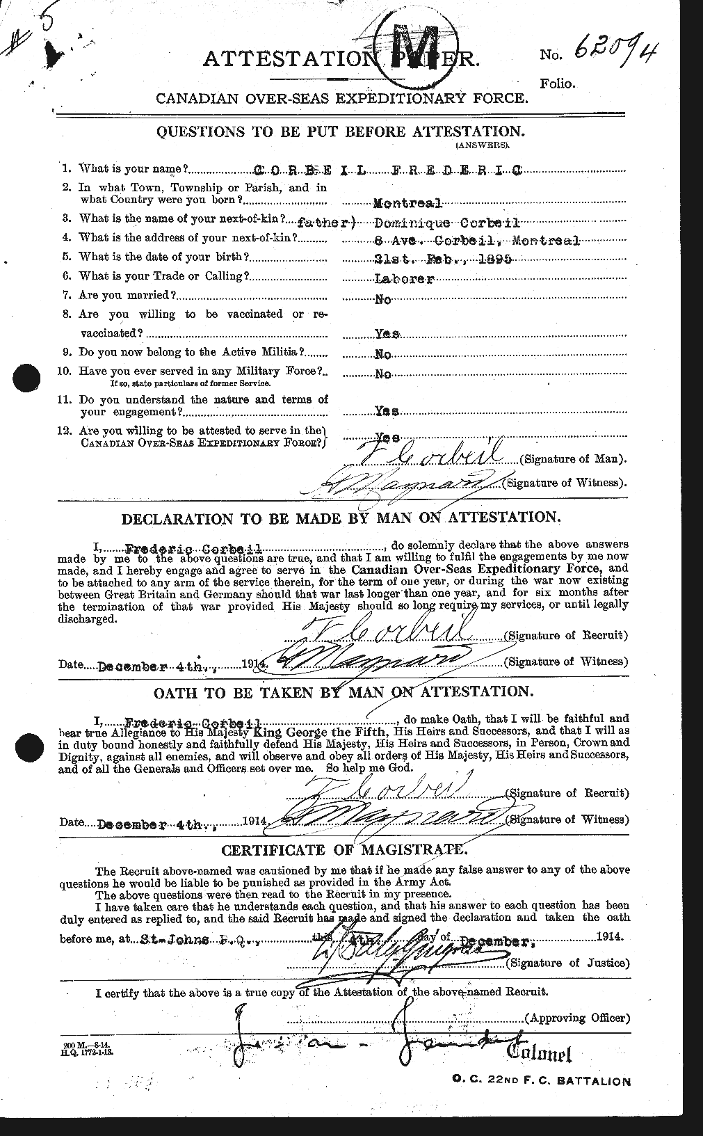 Dossiers du Personnel de la Première Guerre mondiale - CEC 055428a
