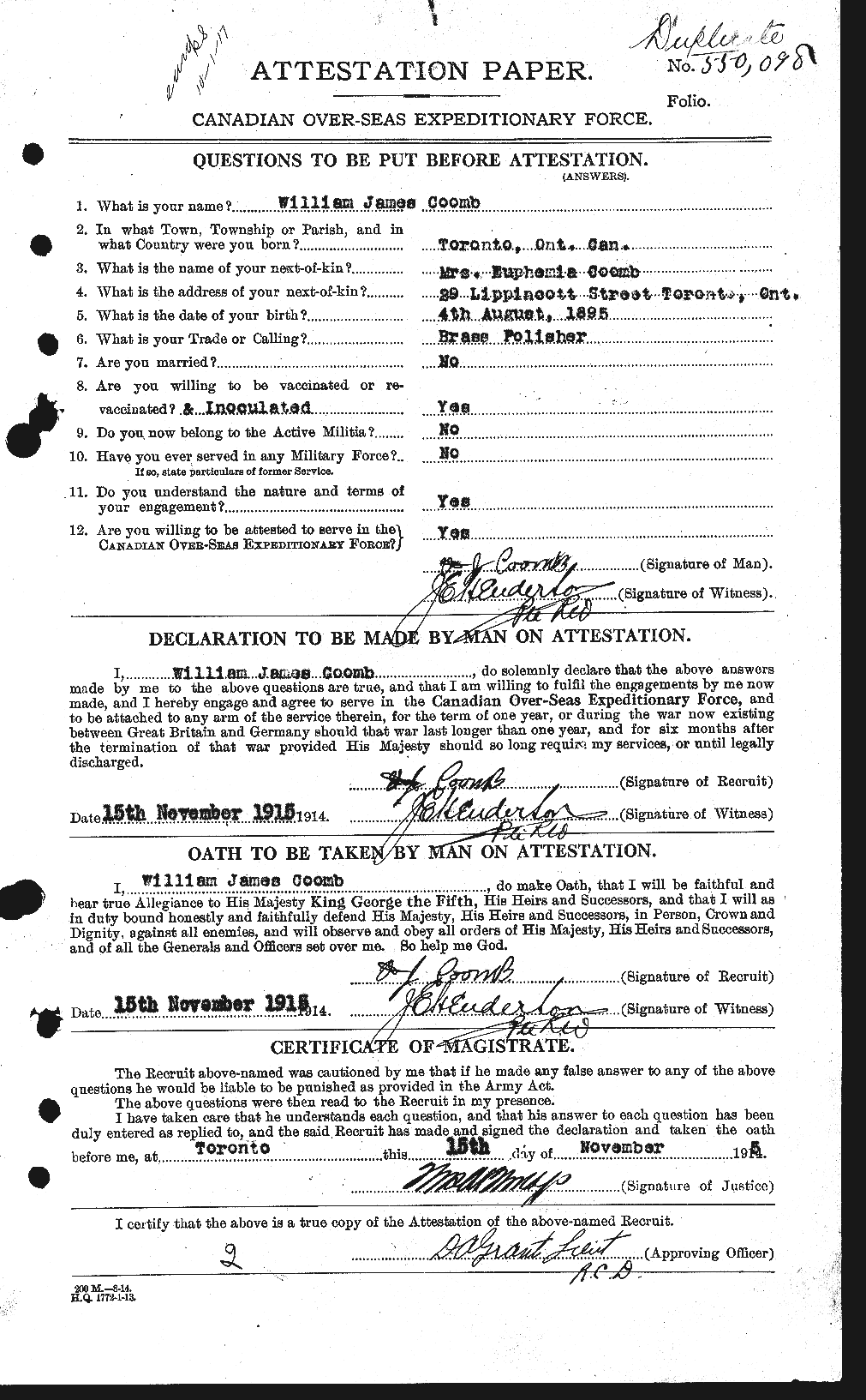 Dossiers du Personnel de la Première Guerre mondiale - CEC 055996a