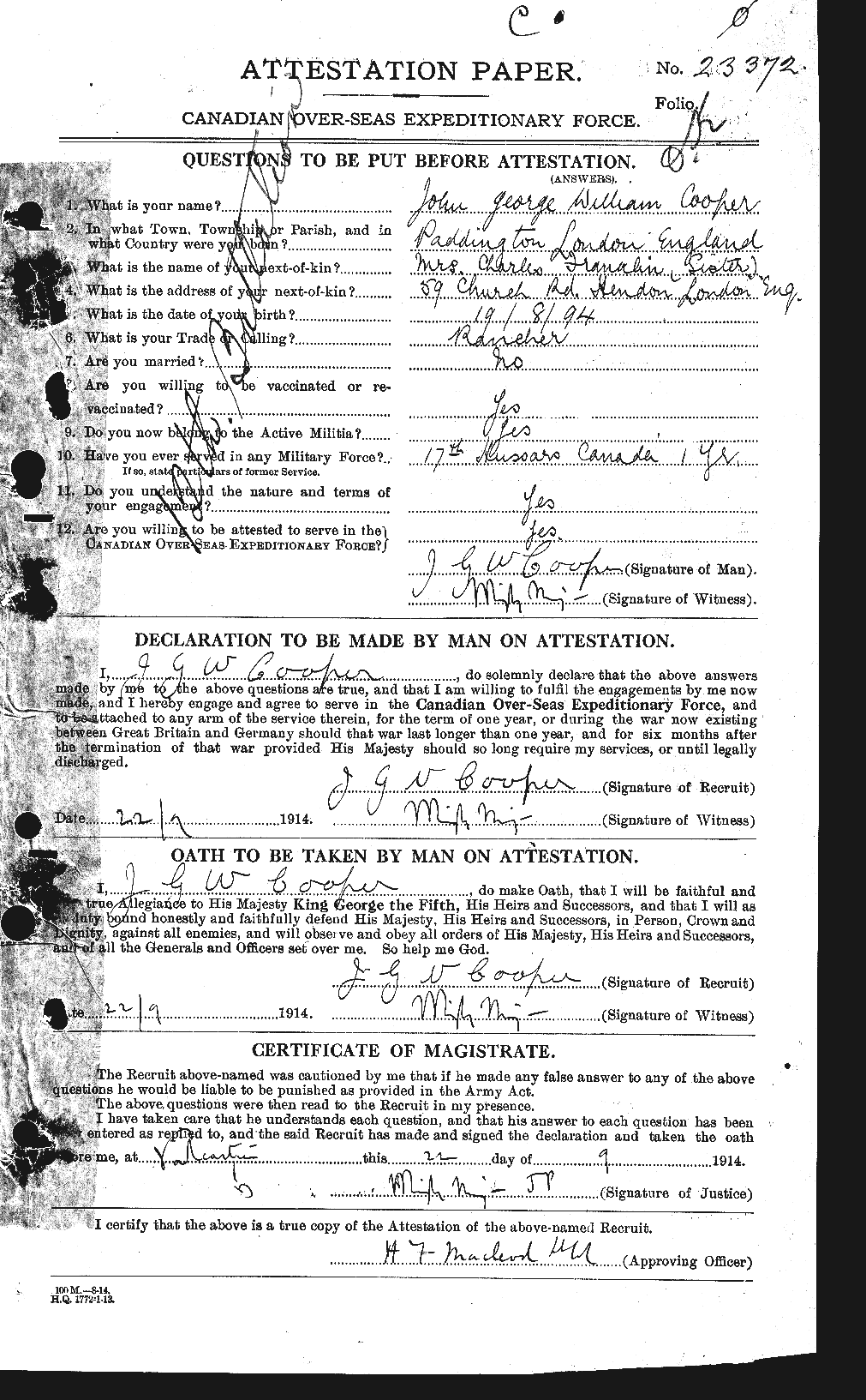 Dossiers du Personnel de la Première Guerre mondiale - CEC 056027a
