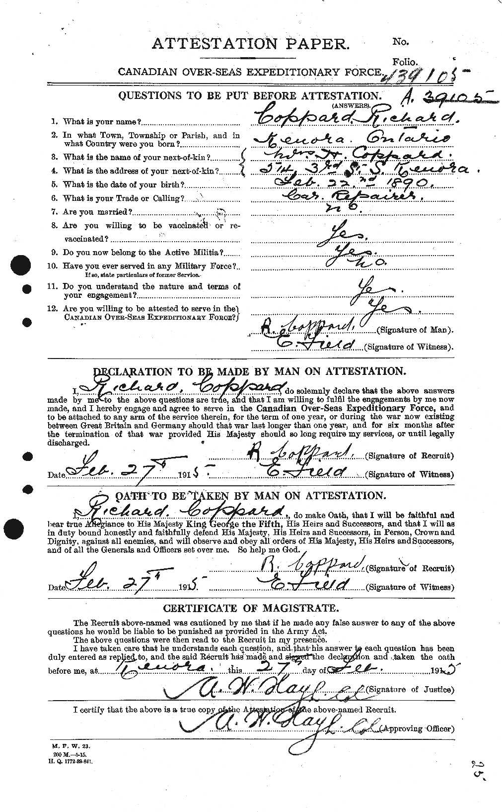 Dossiers du Personnel de la Première Guerre mondiale - CEC 056221a