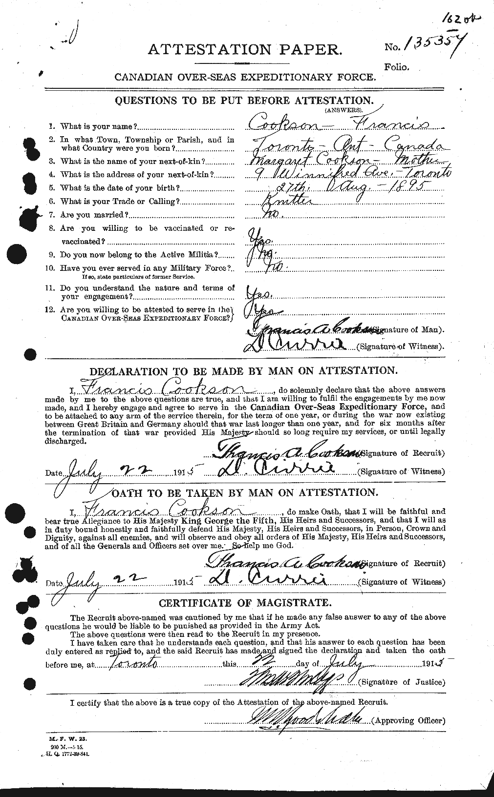 Dossiers du Personnel de la Première Guerre mondiale - CEC 056760a