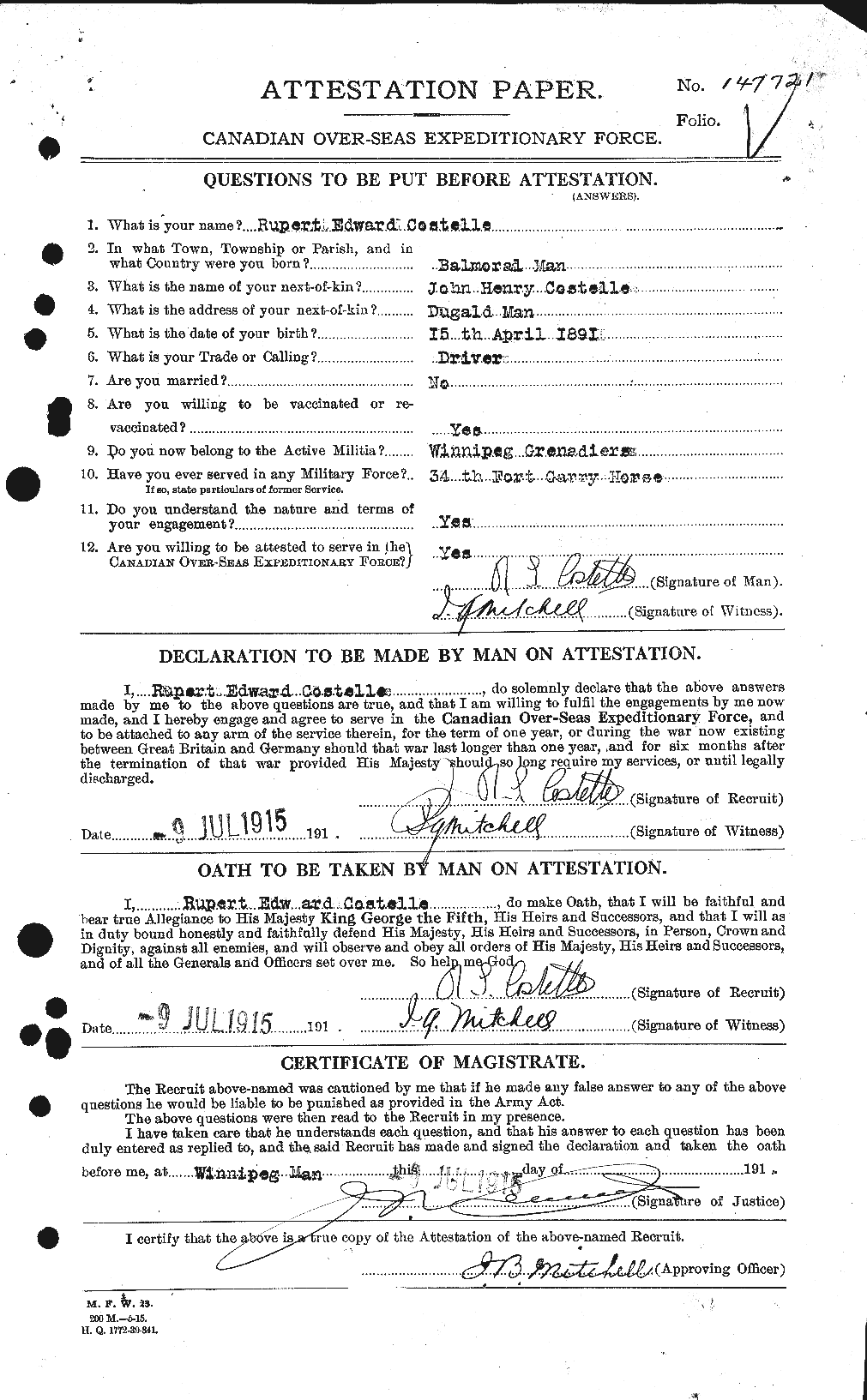 Dossiers du Personnel de la Première Guerre mondiale - CEC 057247a