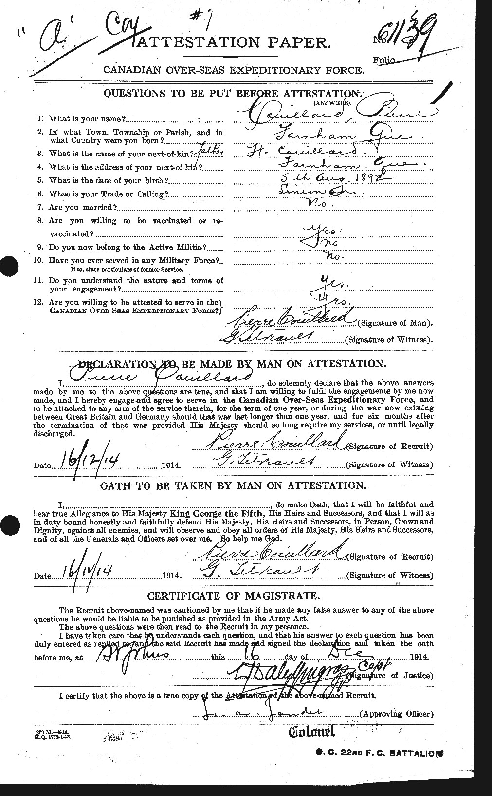 Dossiers du Personnel de la Première Guerre mondiale - CEC 057364a