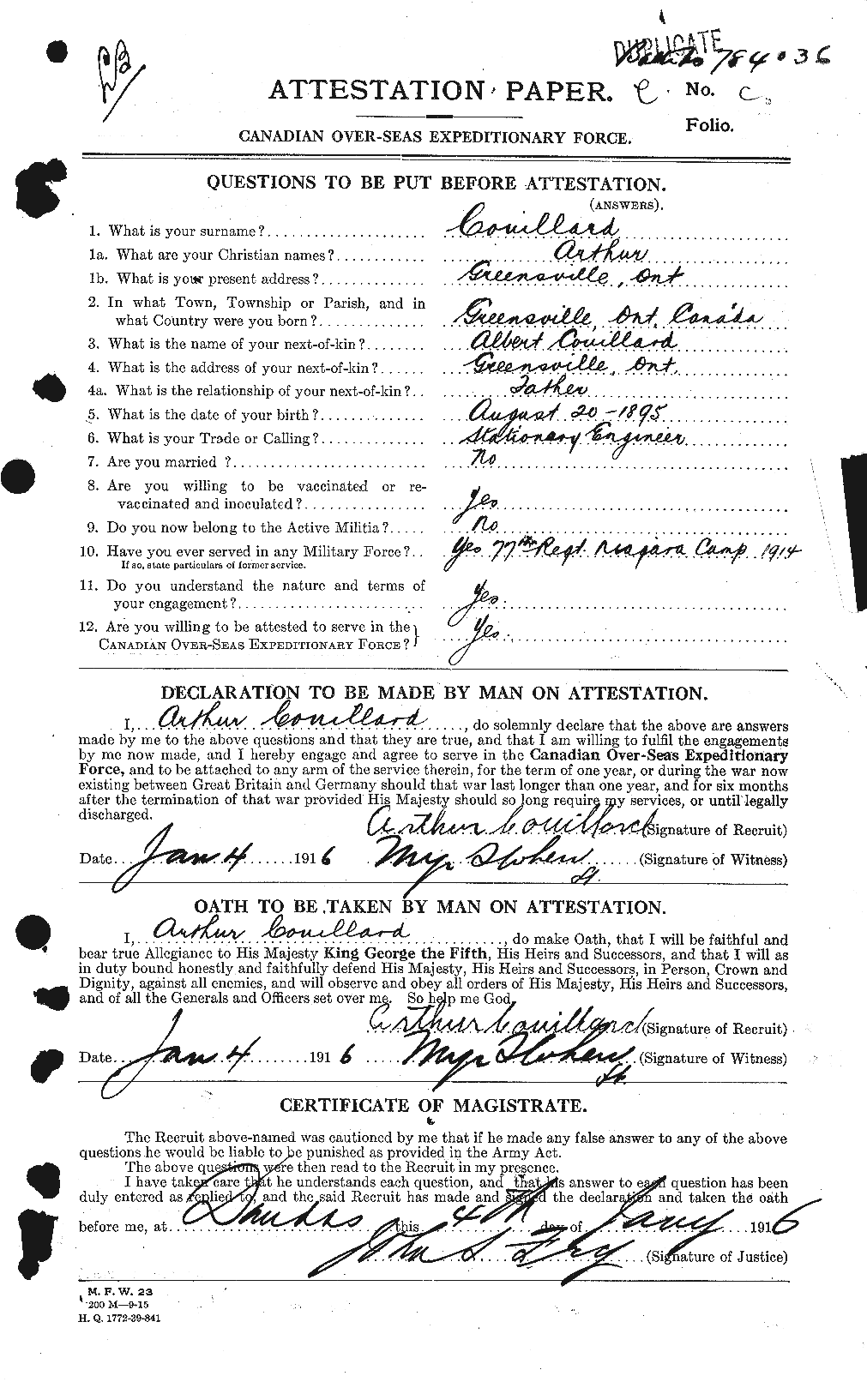 Dossiers du Personnel de la Première Guerre mondiale - CEC 057383a