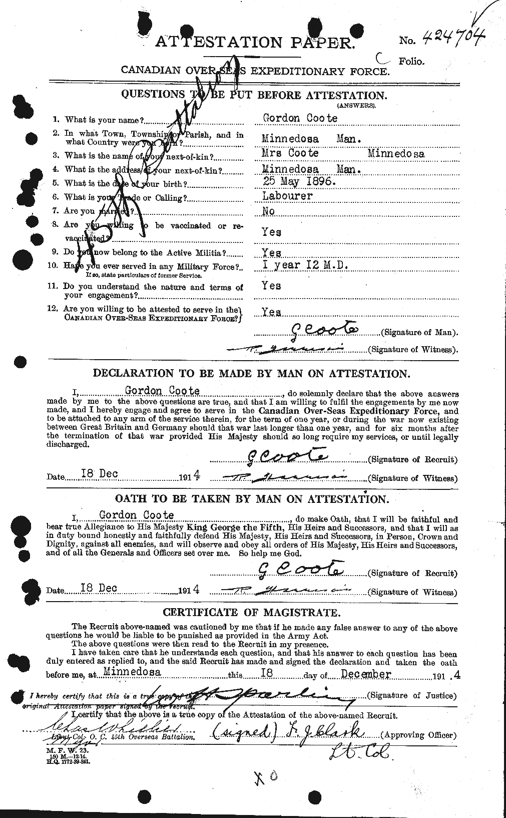Dossiers du Personnel de la Première Guerre mondiale - CEC 057508a