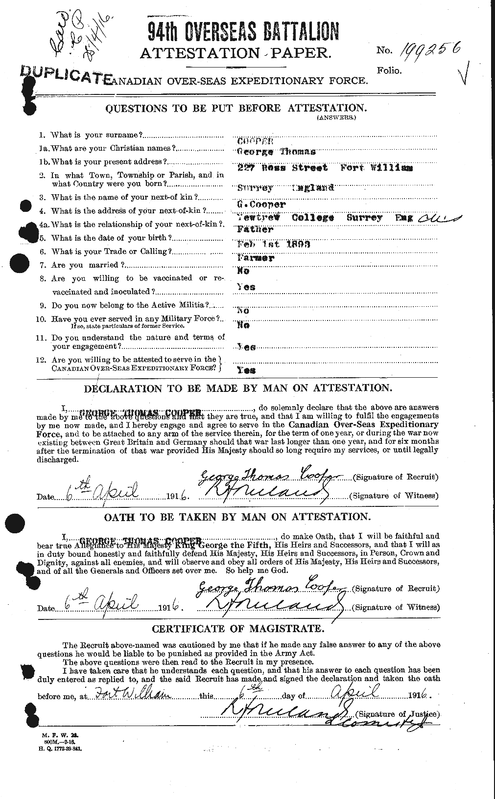 Dossiers du Personnel de la Première Guerre mondiale - CEC 057540a