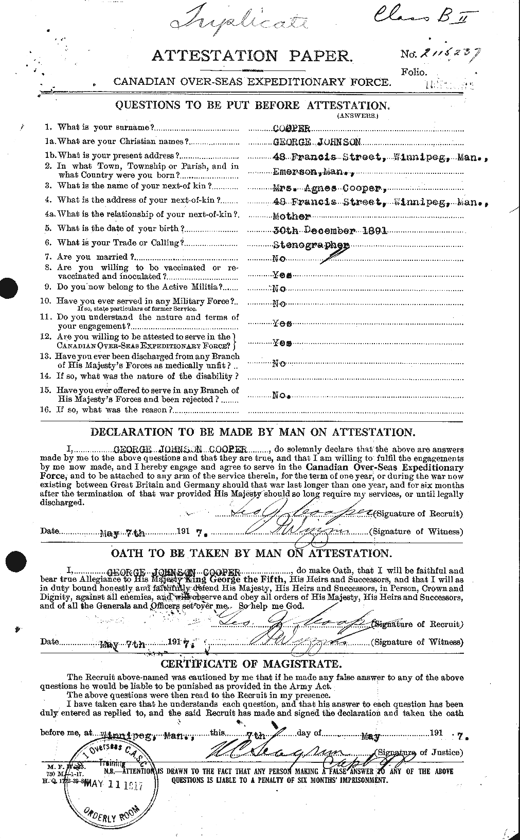 Dossiers du Personnel de la Première Guerre mondiale - CEC 057555a