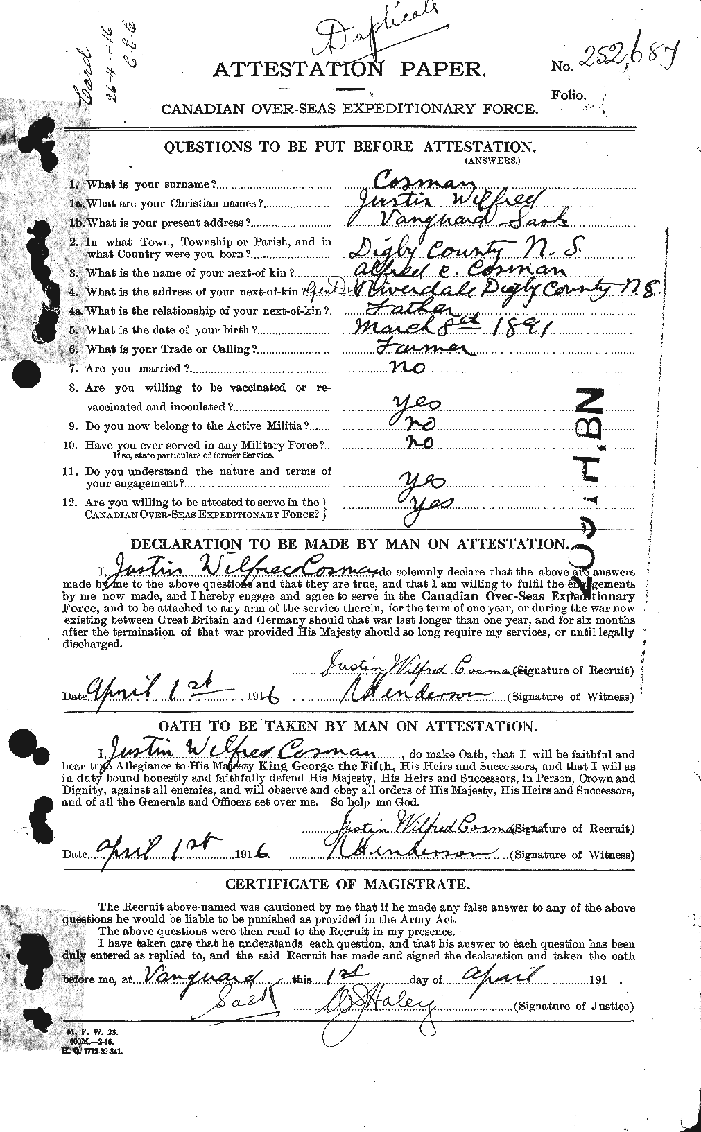 Dossiers du Personnel de la Première Guerre mondiale - CEC 057604a