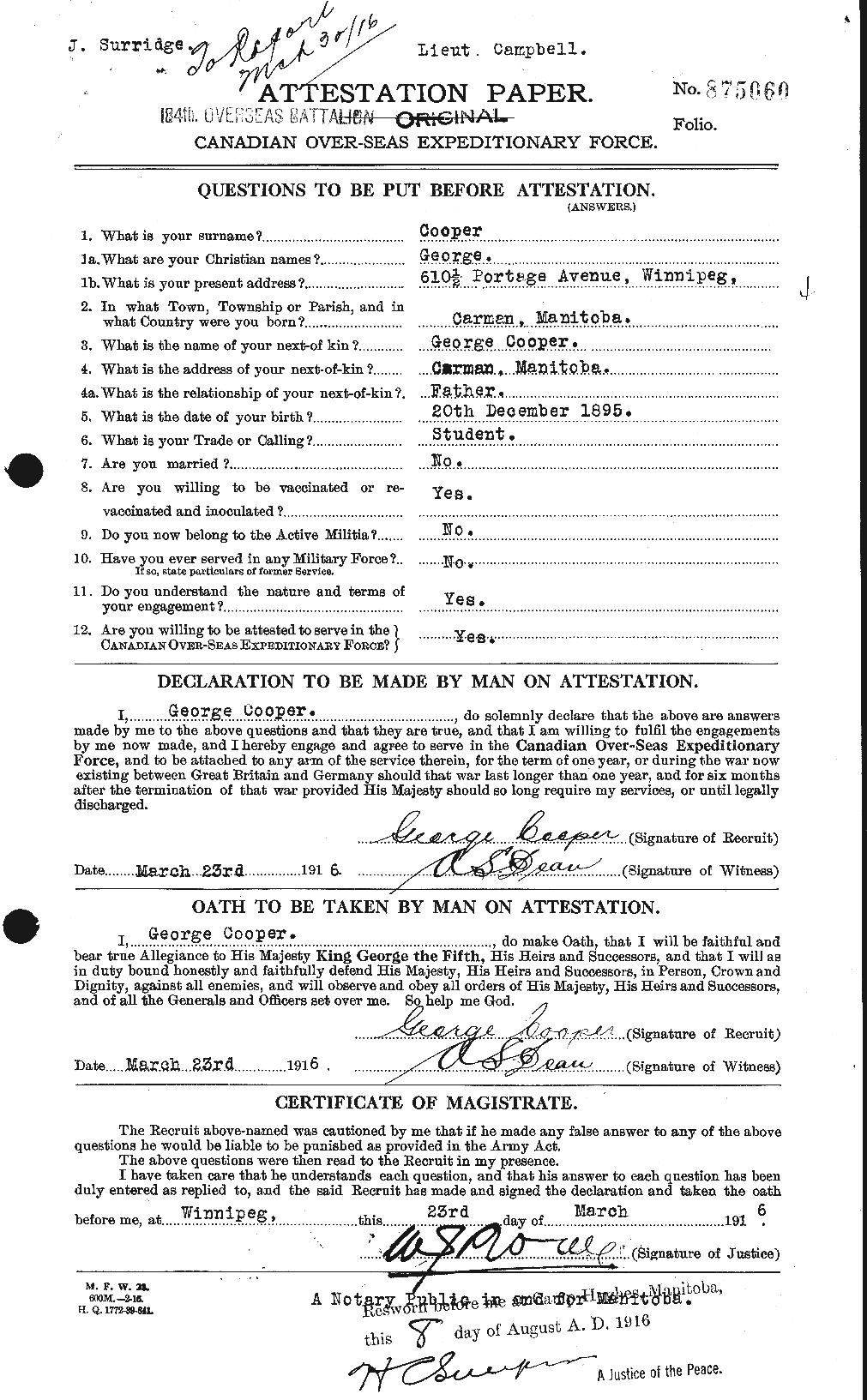 Dossiers du Personnel de la Première Guerre mondiale - CEC 057805a