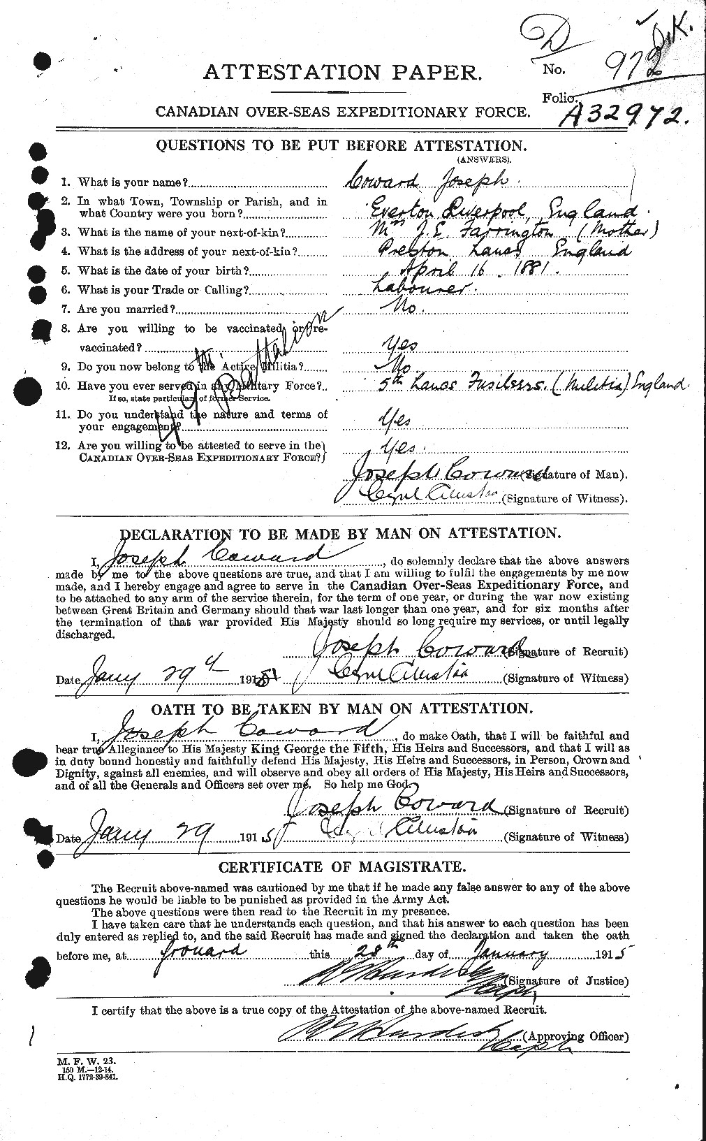 Dossiers du Personnel de la Première Guerre mondiale - CEC 057932a