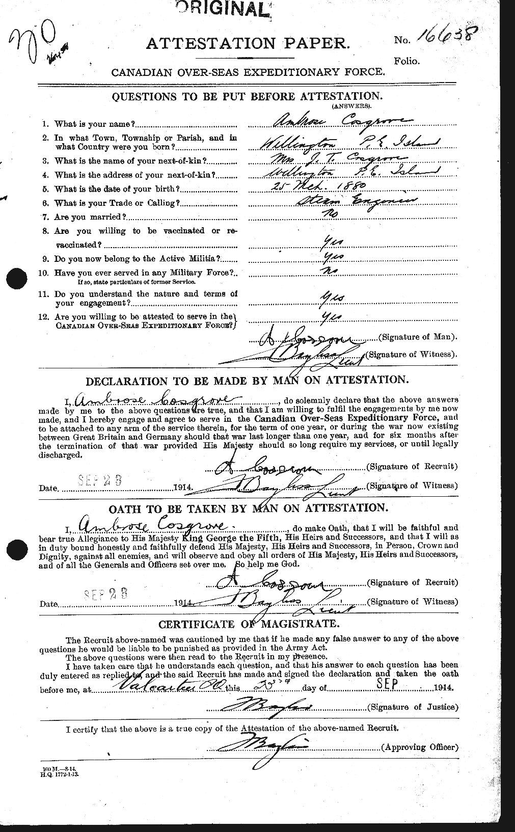Dossiers du Personnel de la Première Guerre mondiale - CEC 057969a