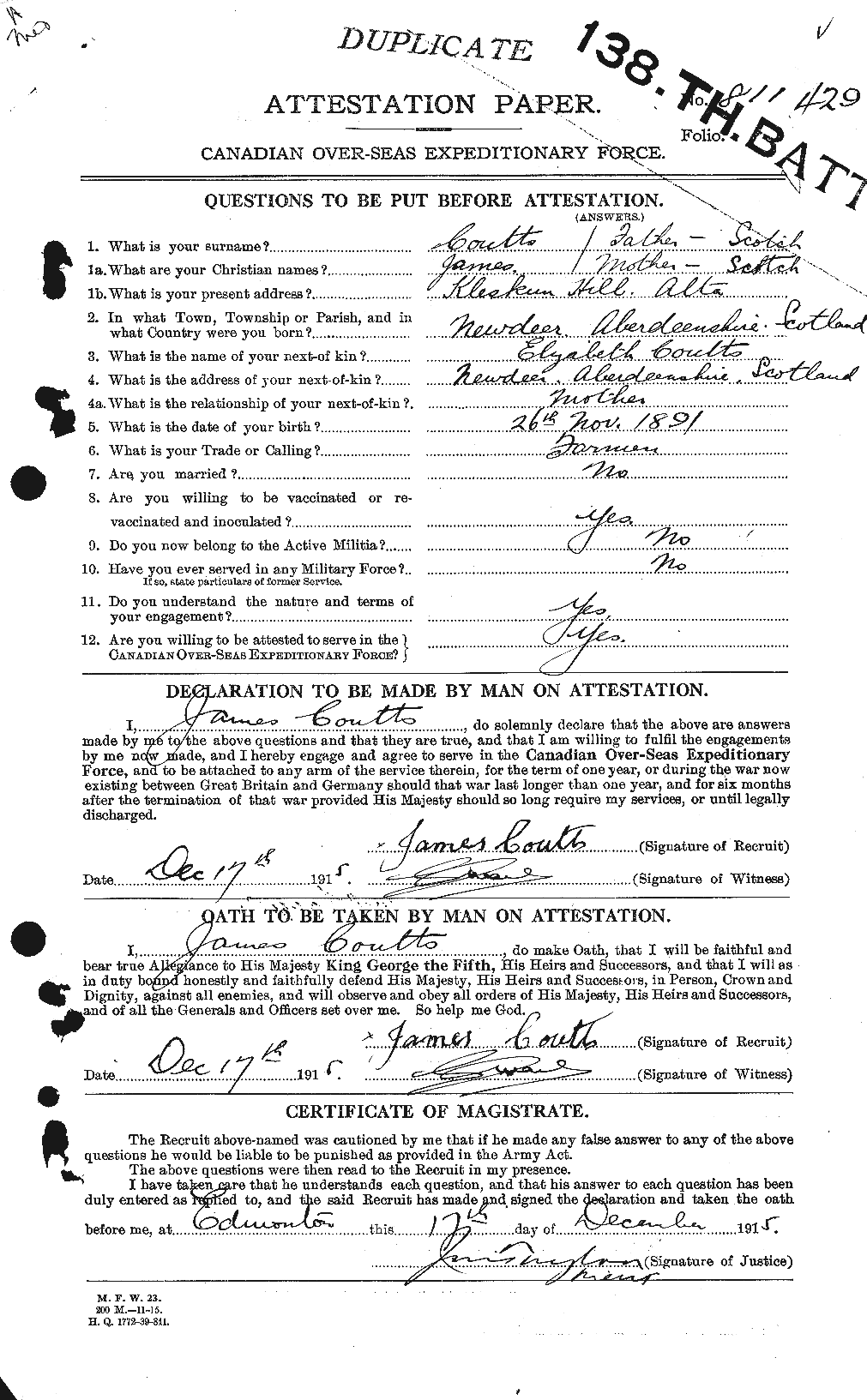 Dossiers du Personnel de la Première Guerre mondiale - CEC 058010a