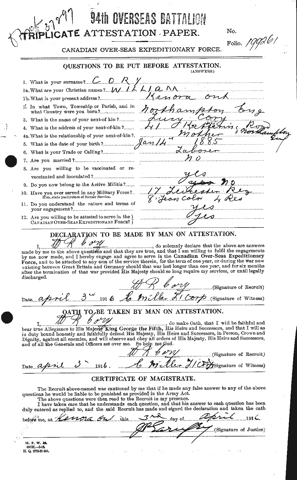 Dossiers du Personnel de la Première Guerre mondiale - CEC 058077a