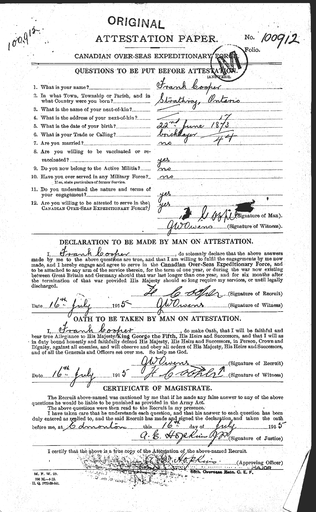 Personnel Records of the First World War - CEF 058233a