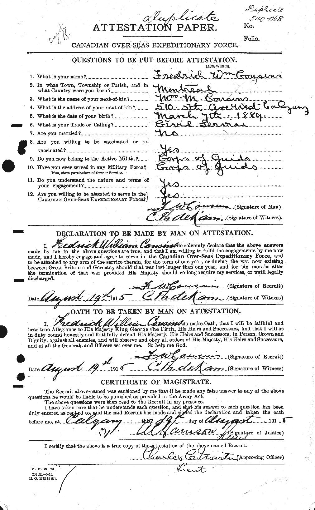 Dossiers du Personnel de la Première Guerre mondiale - CEC 058345a
