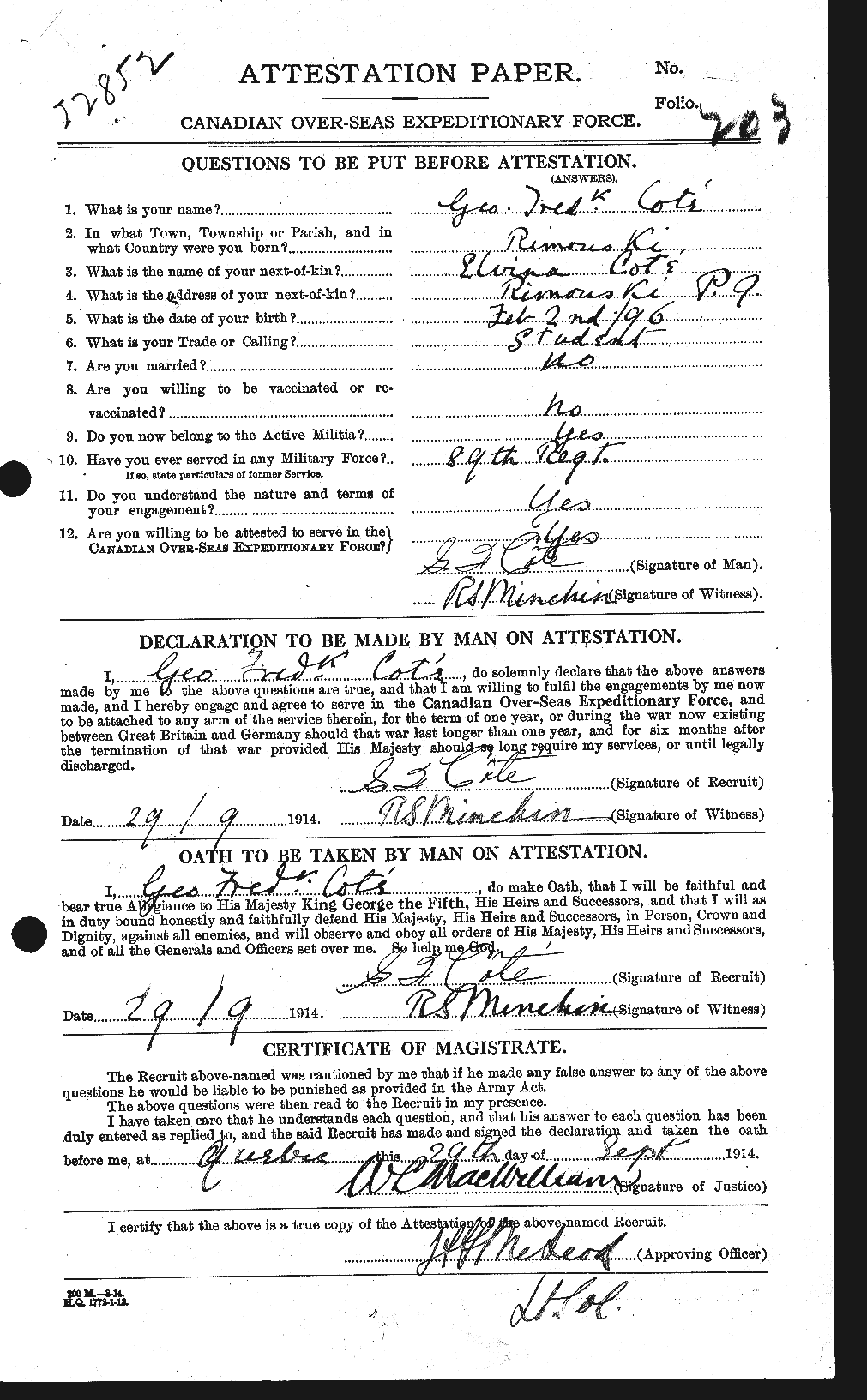 Dossiers du Personnel de la Première Guerre mondiale - CEC 058450a