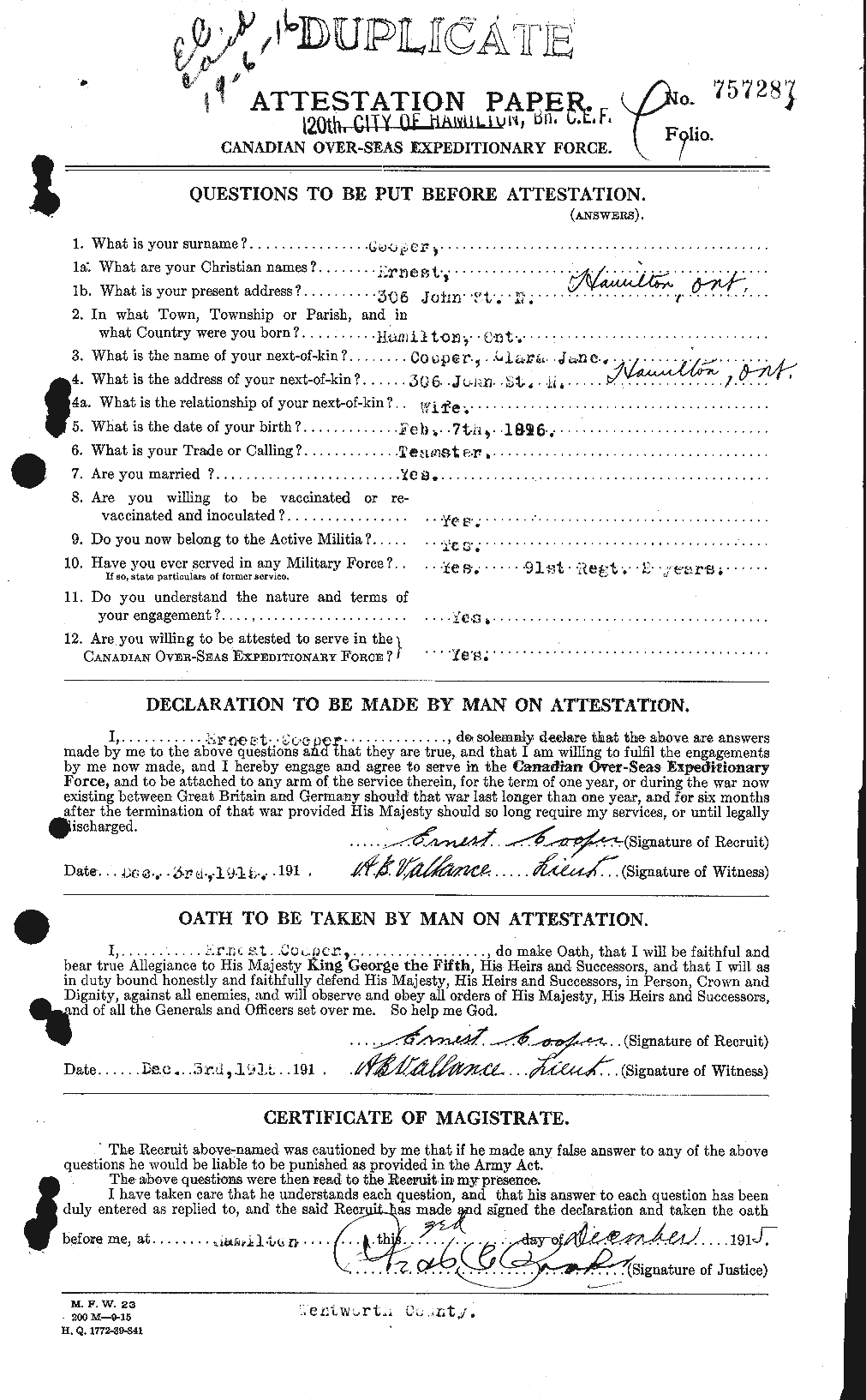 Dossiers du Personnel de la Première Guerre mondiale - CEC 058484a
