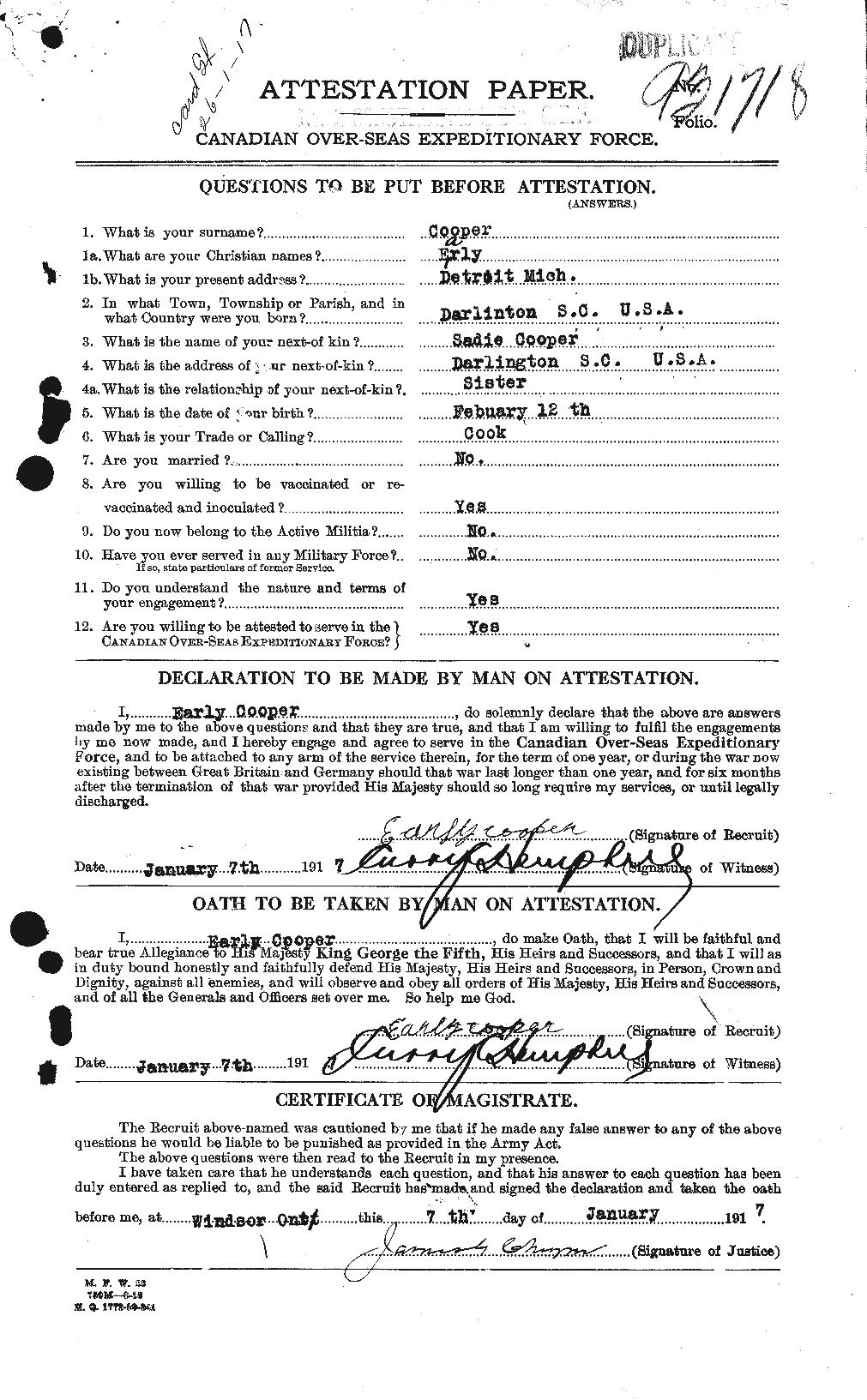 Dossiers du Personnel de la Première Guerre mondiale - CEC 058516a