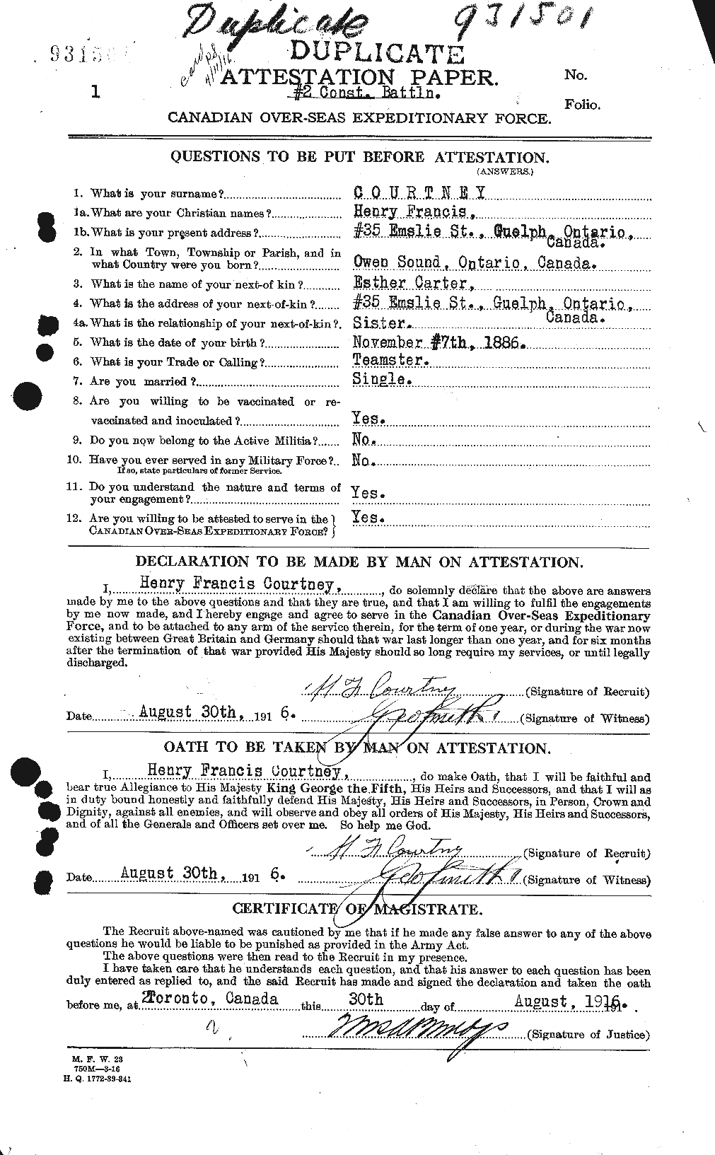 Dossiers du Personnel de la Première Guerre mondiale - CEC 059240a