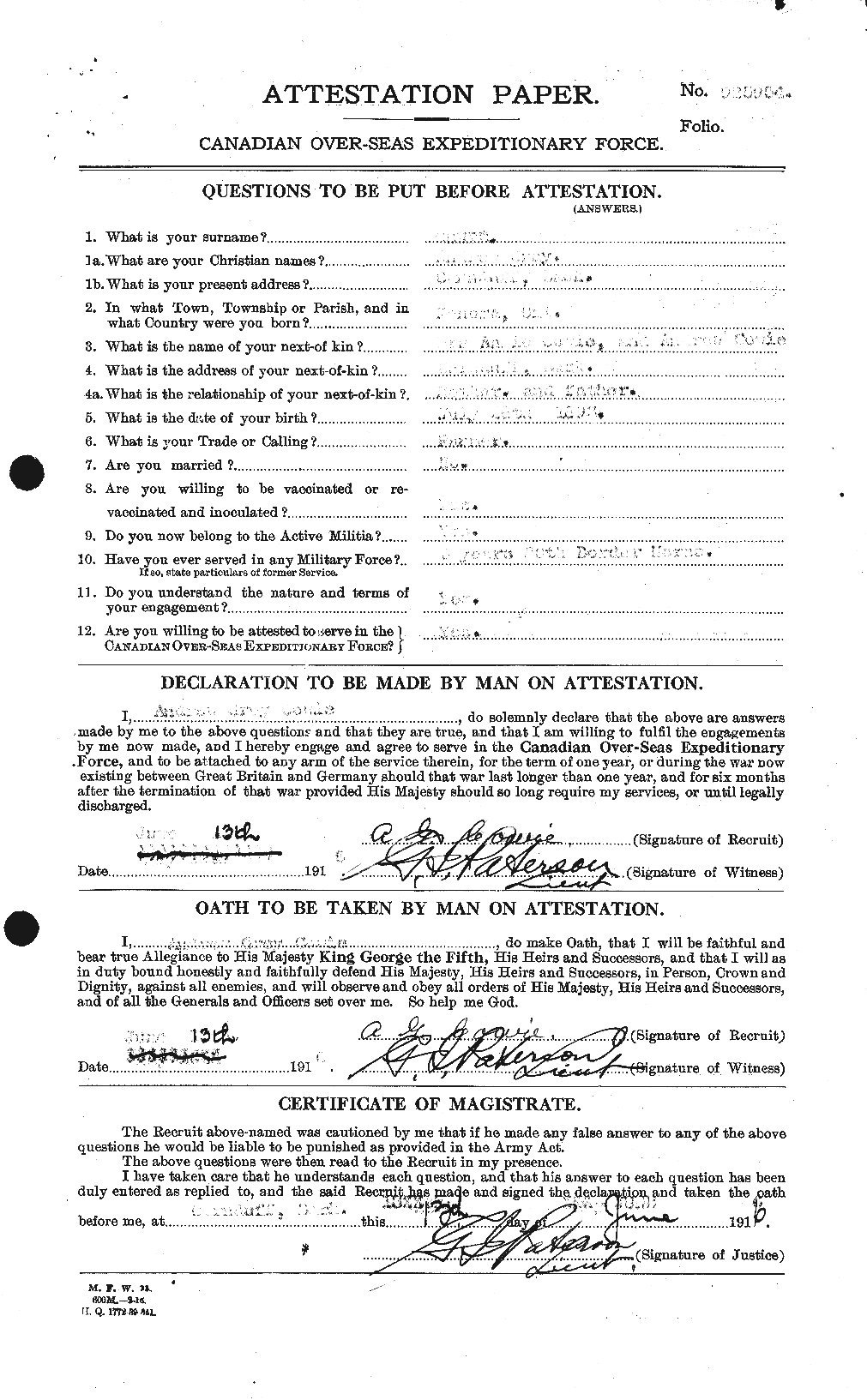 Dossiers du Personnel de la Première Guerre mondiale - CEC 060035a