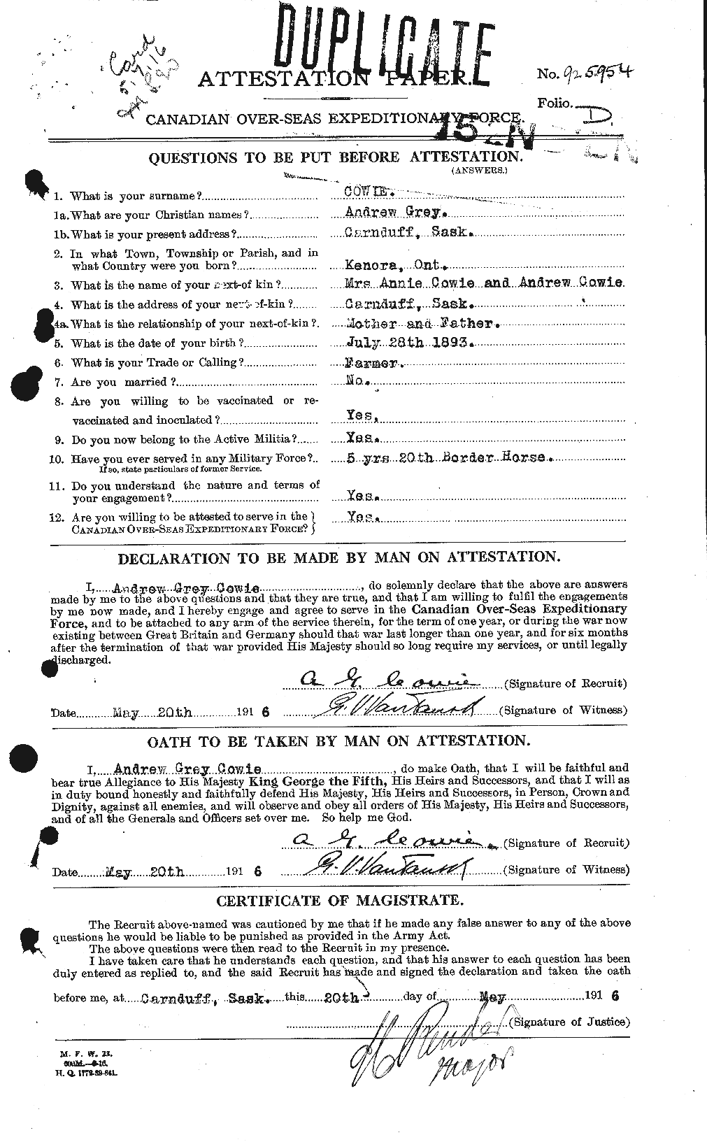 Dossiers du Personnel de la Première Guerre mondiale - CEC 060036a