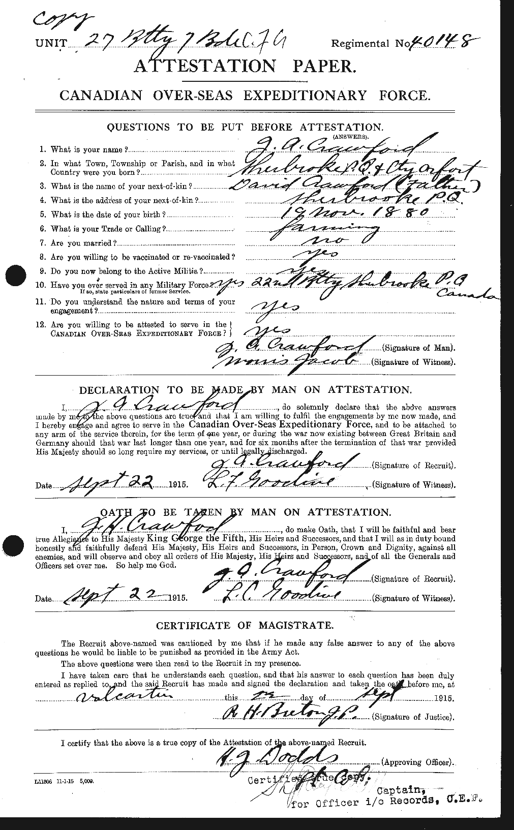 Dossiers du Personnel de la Première Guerre mondiale - CEC 060553a