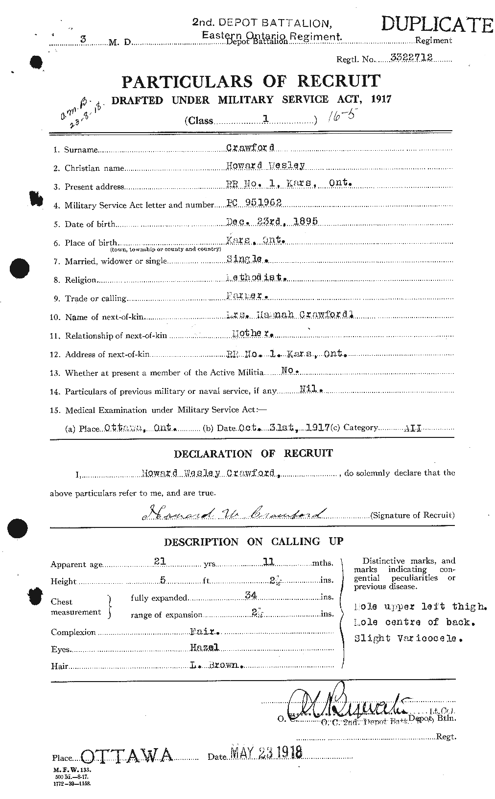 Dossiers du Personnel de la Première Guerre mondiale - CEC 060560a