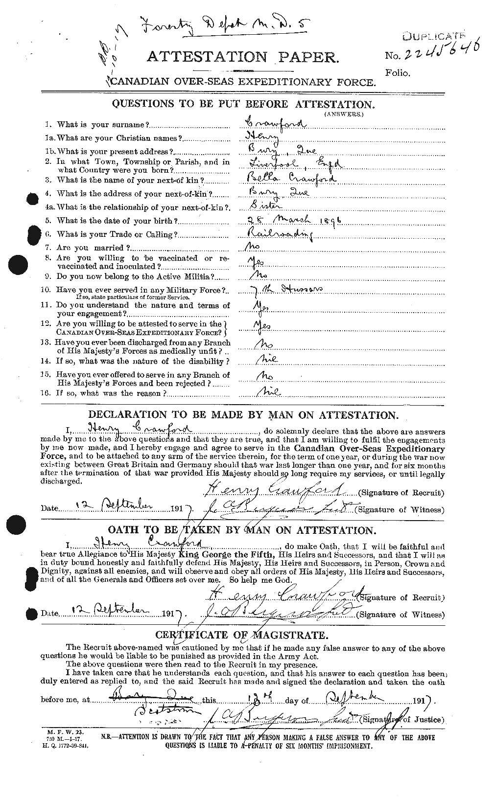 Dossiers du Personnel de la Première Guerre mondiale - CEC 060573a