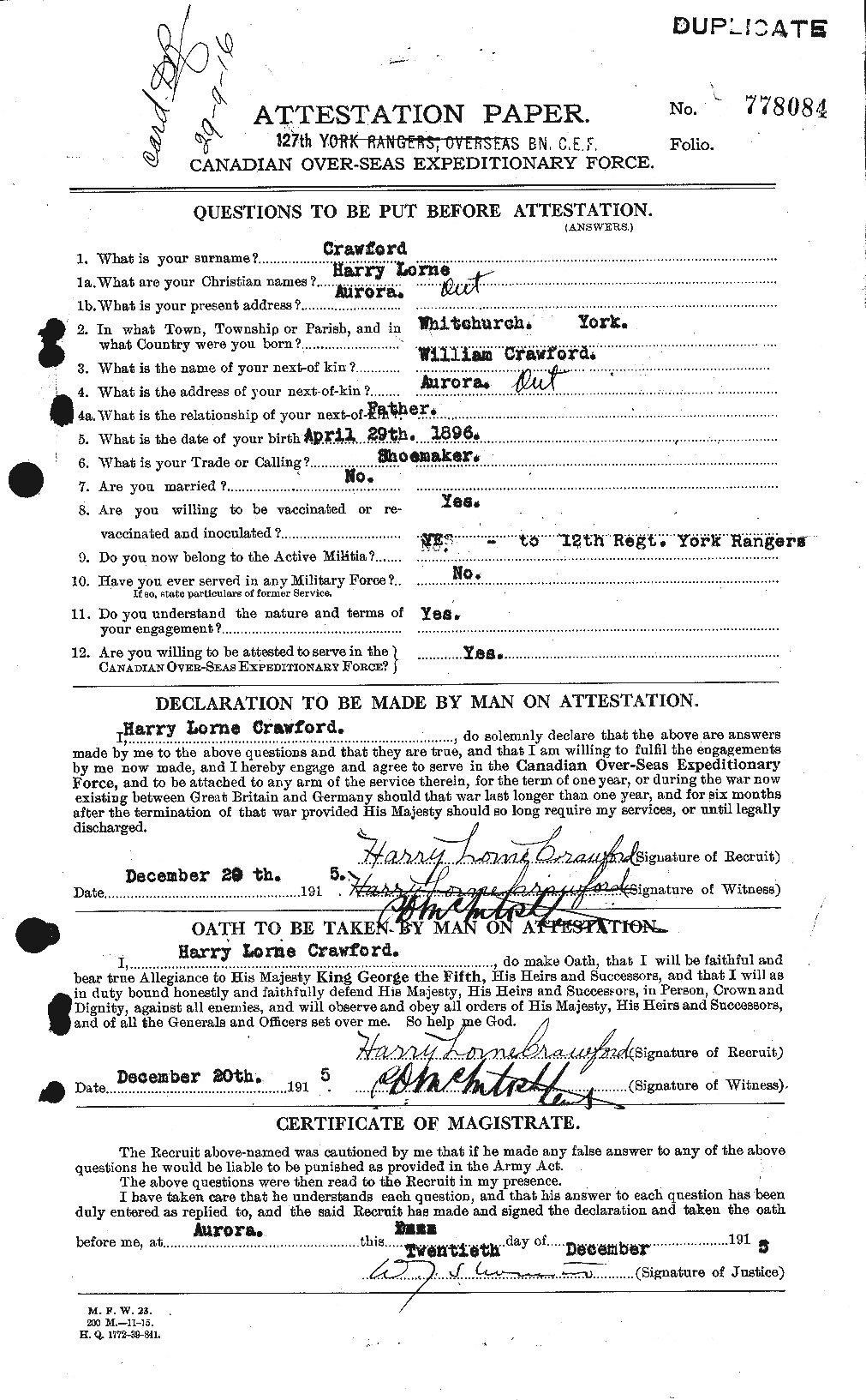 Dossiers du Personnel de la Première Guerre mondiale - CEC 060577a