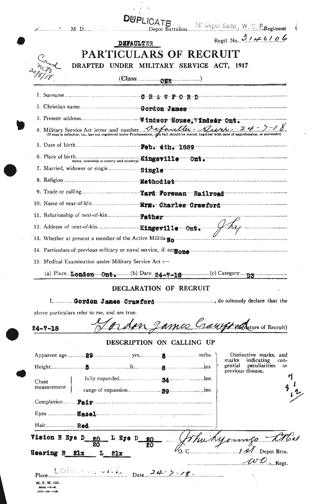 Dossiers du Personnel de la Première Guerre mondiale - CEC 060587a