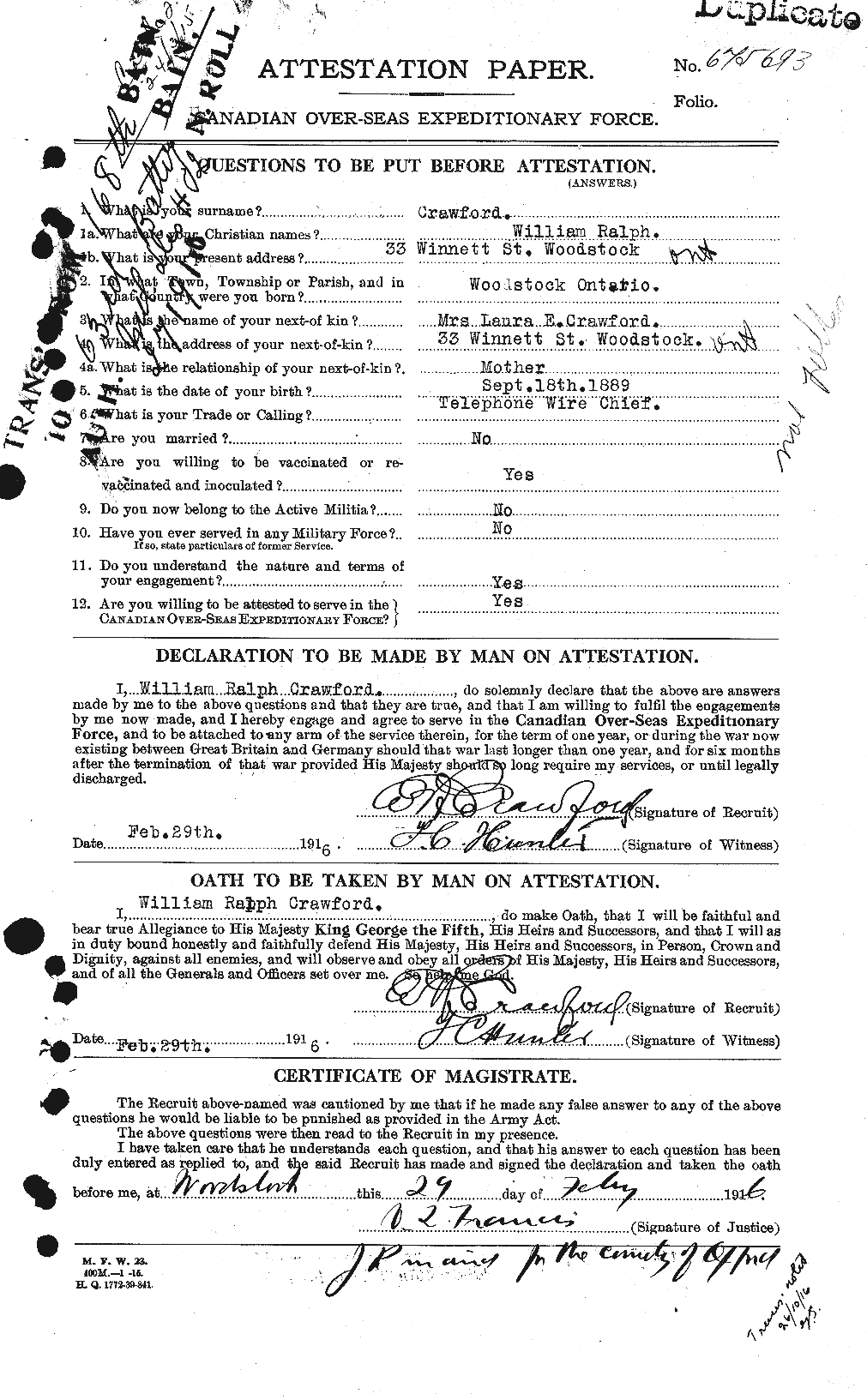 Dossiers du Personnel de la Première Guerre mondiale - CEC 060687a