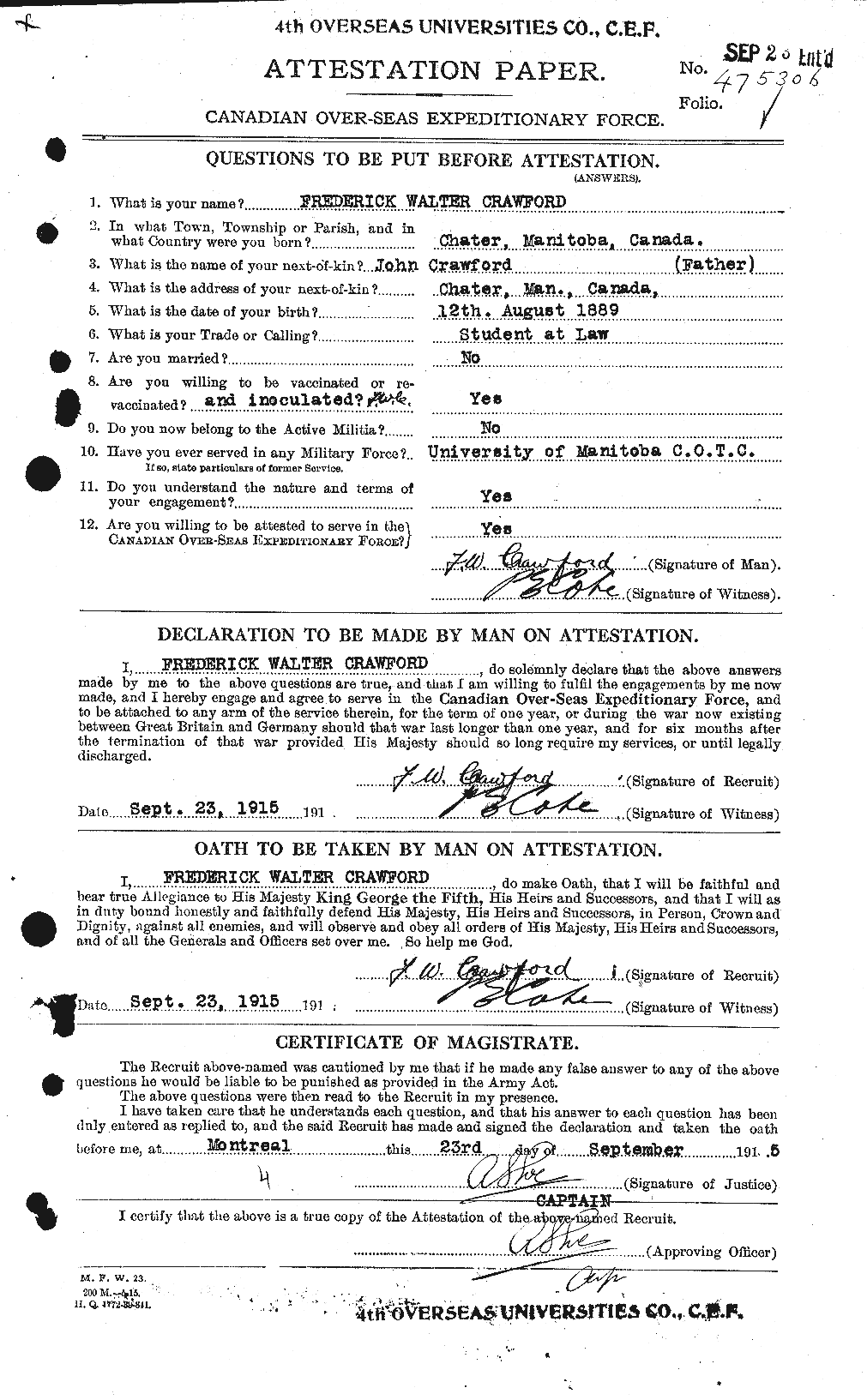 Dossiers du Personnel de la Première Guerre mondiale - CEC 060722a