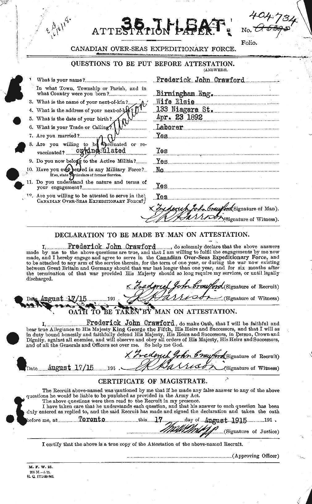 Dossiers du Personnel de la Première Guerre mondiale - CEC 060723a