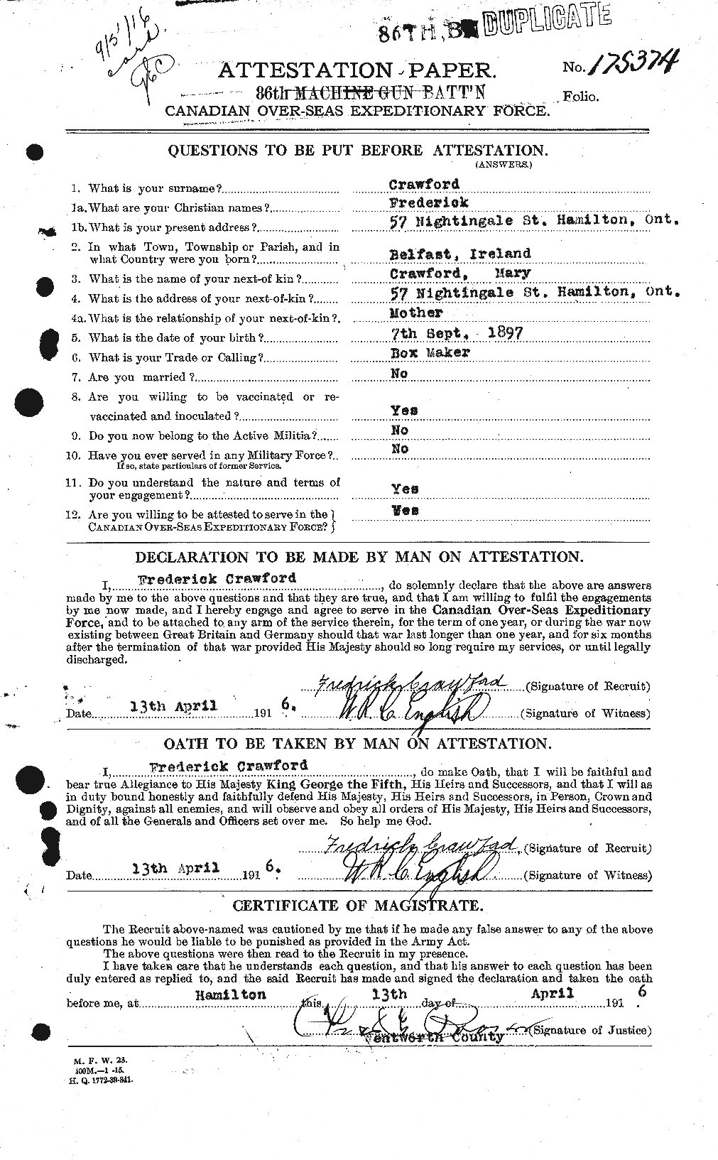 Dossiers du Personnel de la Première Guerre mondiale - CEC 060728a
