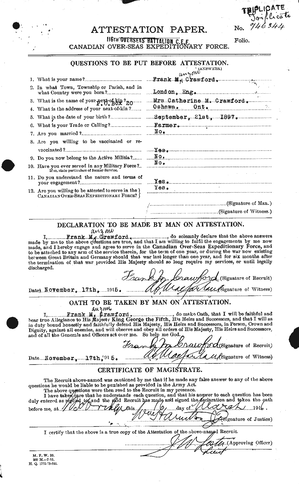 Dossiers du Personnel de la Première Guerre mondiale - CEC 060735a
